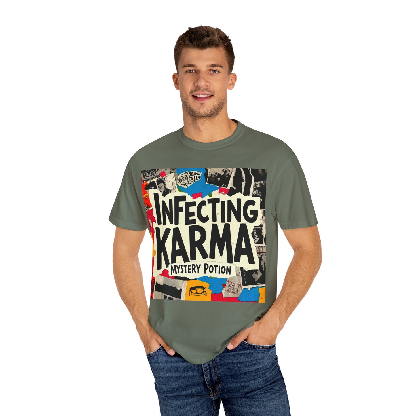 'Infecting Karma' by Mystery Potion,  Mystical Vibes T-shirt Design - Summer Casual Wear, Gift for Friends, Festival Apparel, Unique Statement Tee