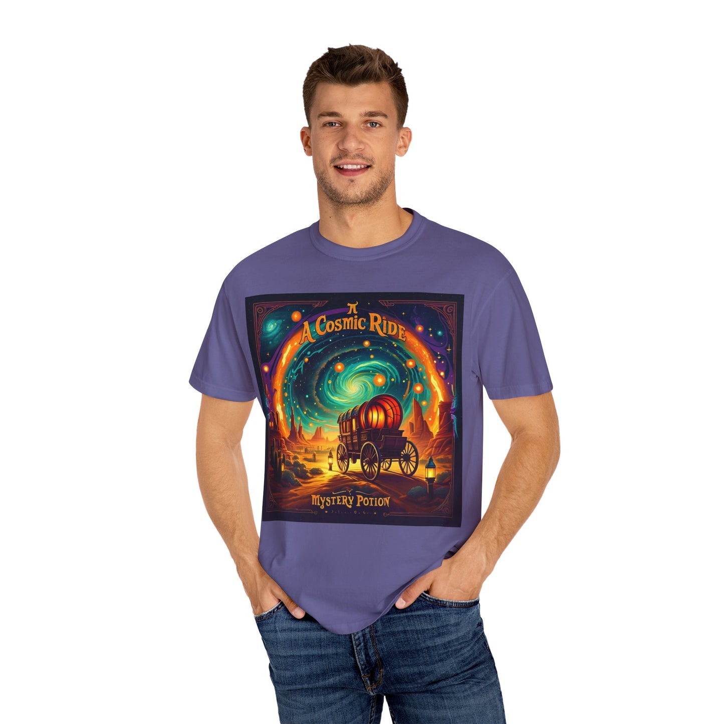 A Cosmic Ride by Mystery Potion T-Shirt, Unisex Graphic Tee, Country Western Festival Wear, Bohemian Style, Gift for Dreamers, Mystical Art Shirt