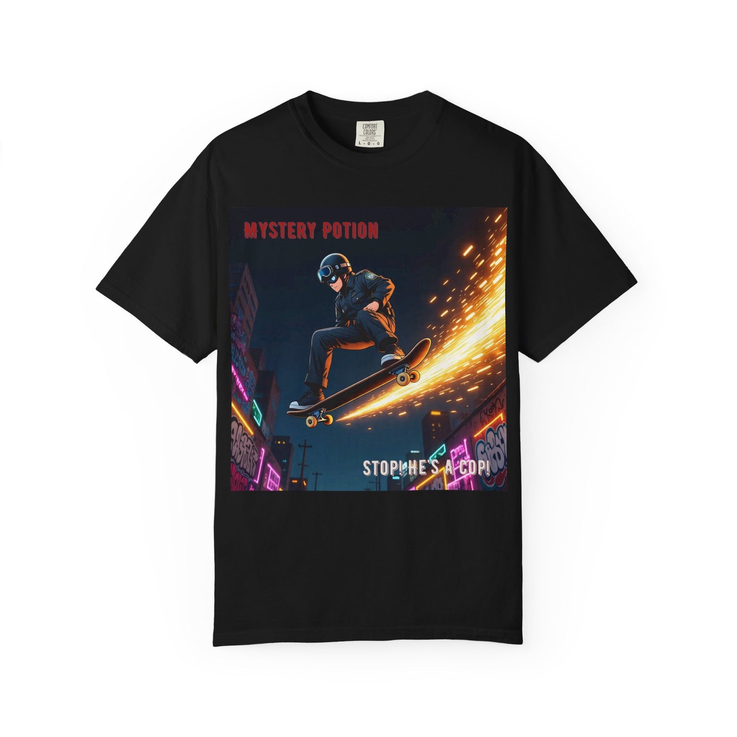 'Stop! He's A Cop!' by Mystery Potion, Skateboard Hardcore Punk T-shirt, Cozy Graphic Tee, Perfect Gift for Skaters, Unisex Streetwear Shirt, Trendy Casual Wear
