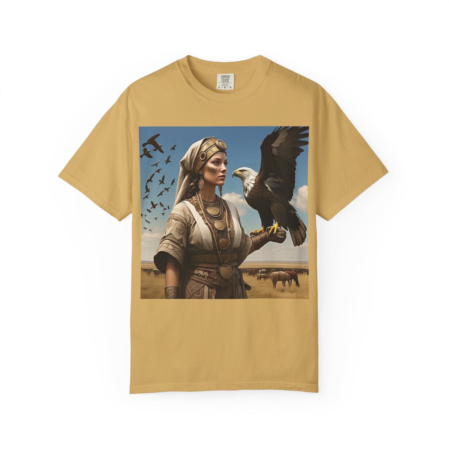 Empowered Eagle and Scythian Woman T-Shirt, Unisex Garment-Dyed Tee, Nature Lover Shirt, Gift for Bird Enthusiasts, Unique Graphic Tee