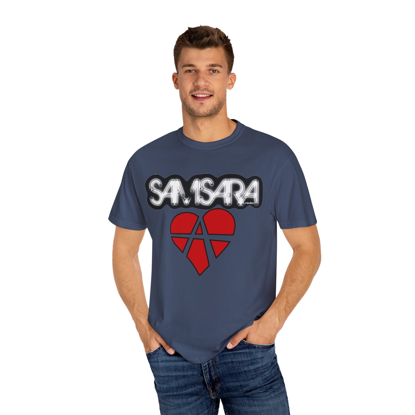 'Samsara Rocks' Logo, Love and Anarchy Graphic Tee | Unisex Garment-Dyed T-Shirt, Casual Fashion, Heart Design, Streetwear, Gift for Him/Her