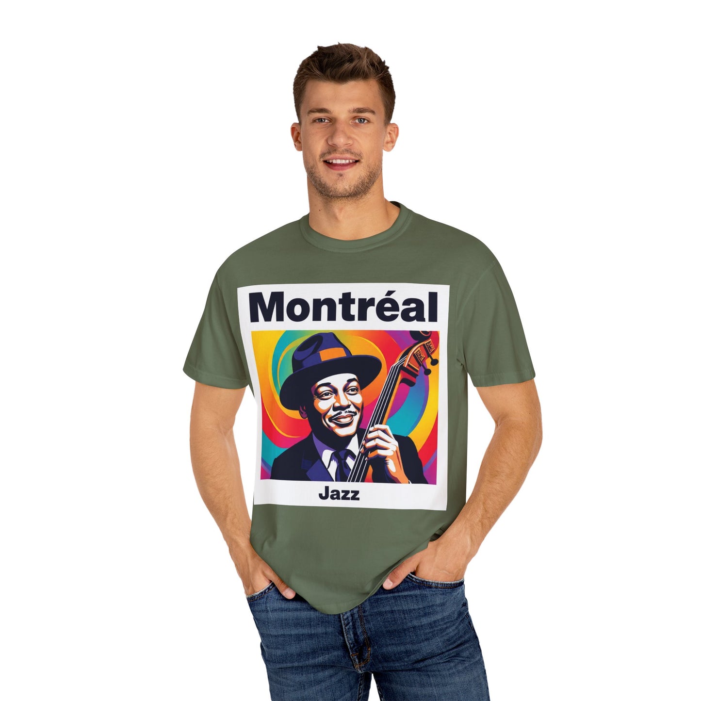 Vibrant Jazz T-Shirt with Montréal Design | Unisex Garment-Dyed Tee for Music Lovers, Concerts, Festivals, Gift Idea, Casual Wear