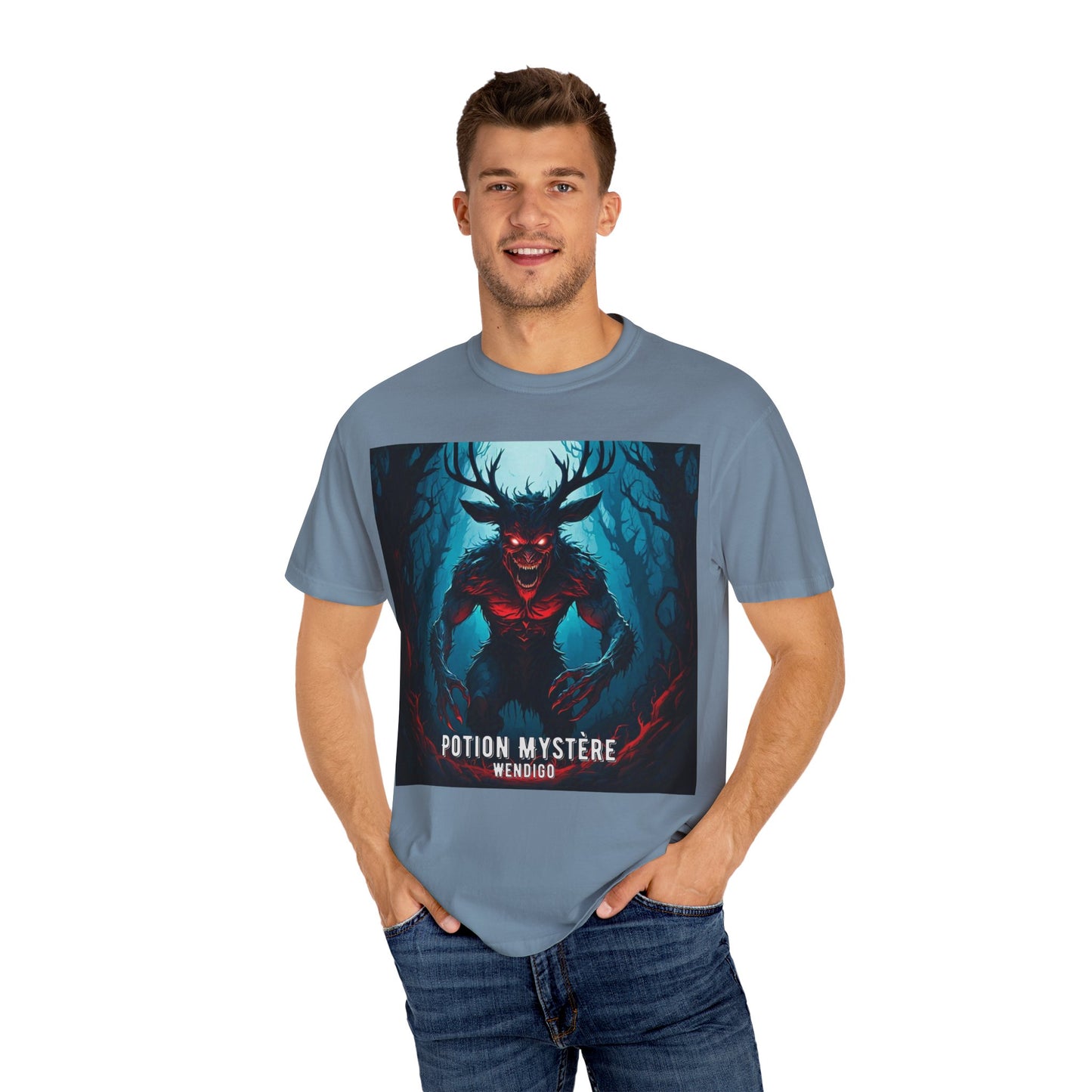 Mystical Wendigo T-Shirt, Unisex Garment-Dyed Tee, Potion Mystère Shirt, Halloween Apparel, Unique Graphic Tee