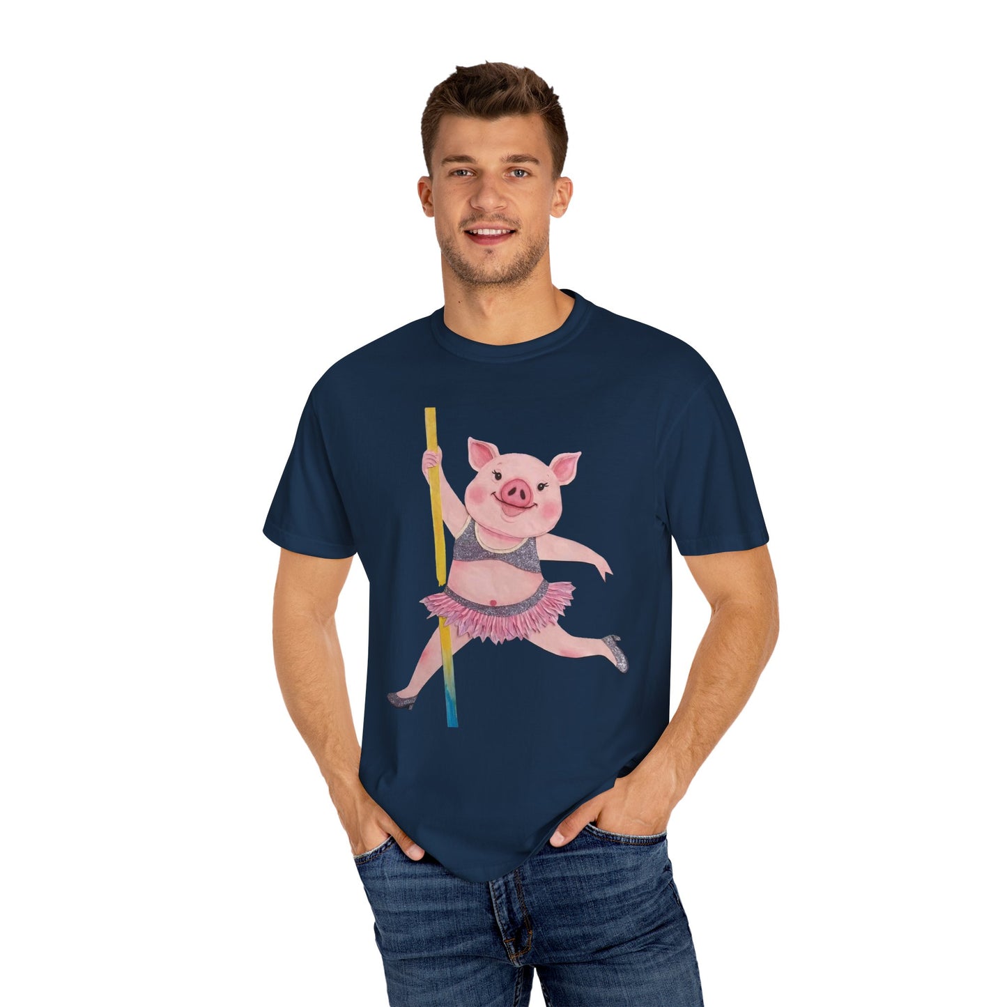 'Playful Pig' T-Shirt, Fun Graphic Tee, Animal Lover Gift, Unique Apparel, Funny T-Shirt, Cute Pig Shirt, Pole-Dancers and Pole Dancing Pig.