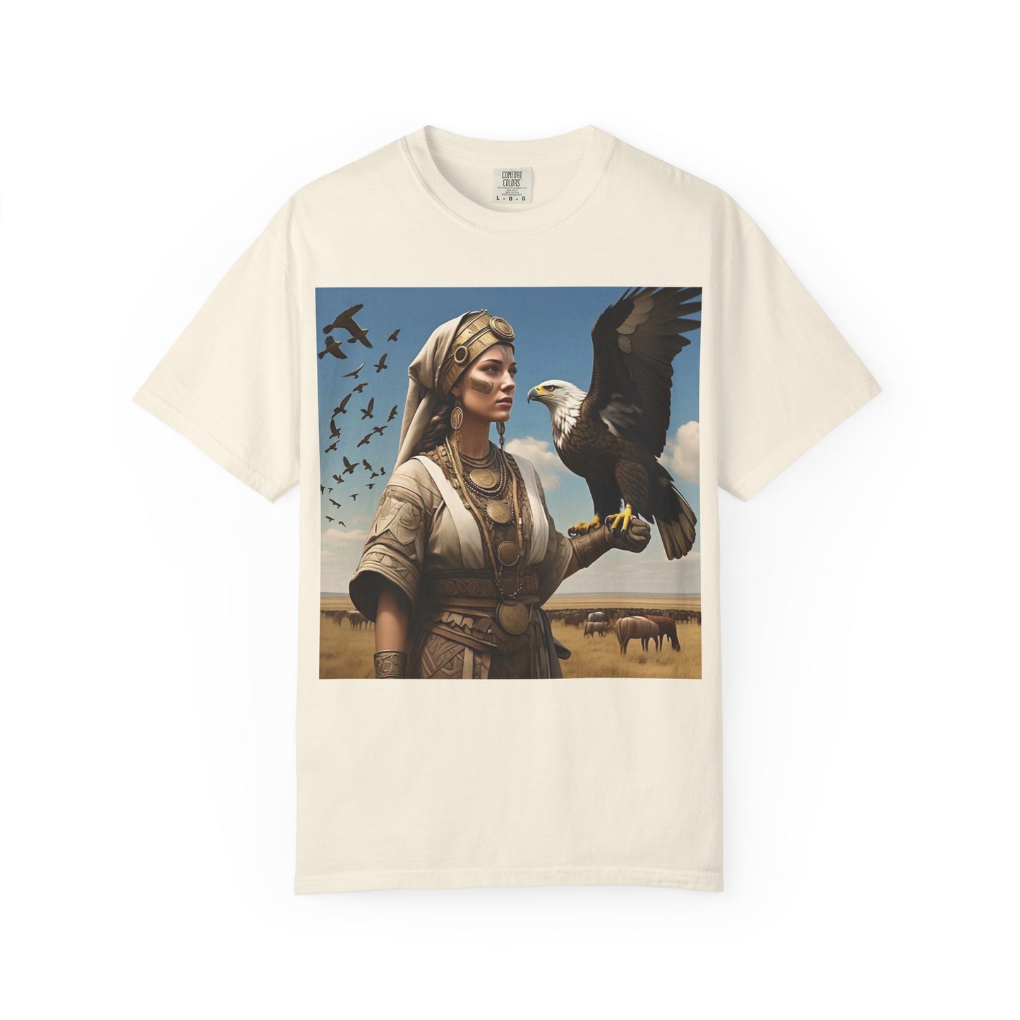 Empowered Eagle and Scythian Woman T-Shirt, Unisex Garment-Dyed Tee, Nature Lover Shirt, Gift for Bird Enthusiasts, Unique Graphic Tee