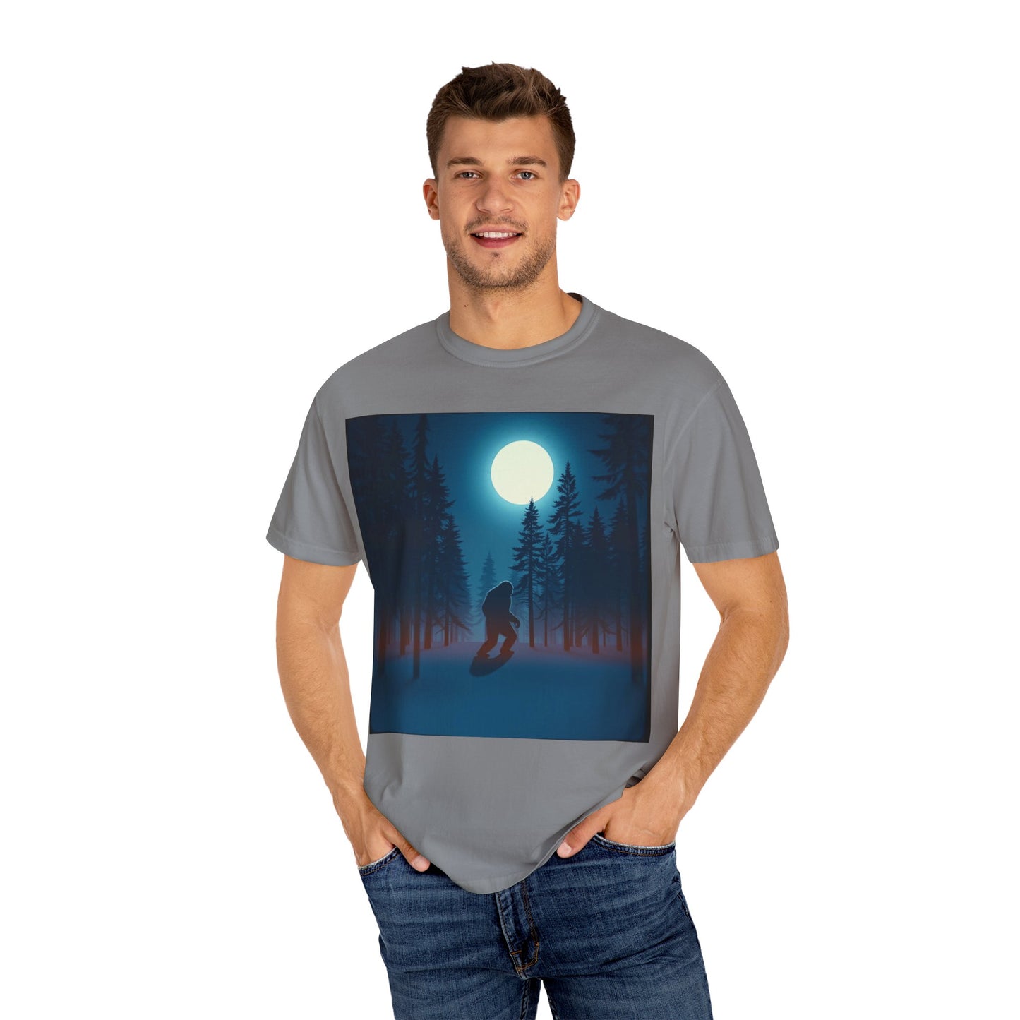 Moonlit Forest Snowboarder T-Shirt, Cozy Adventure Tee, Winter Sports Gift, Unisex Apparel, Outdoor Vibes