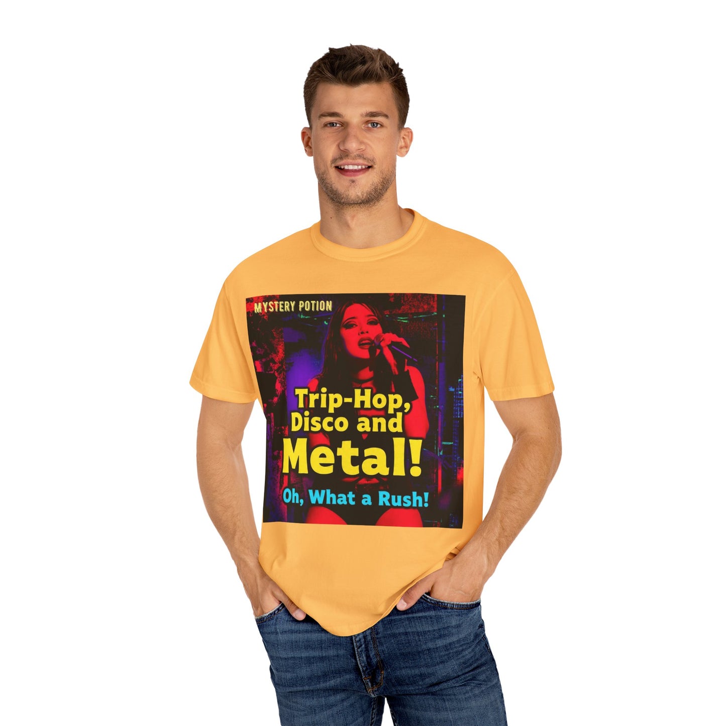 Trip Hop, Disco and Metal! Oh, What a Rush Vibrant Music-Themed Unisex T-shirt | Perfect Gift for Music Lovers, Concert Attendees, Band Merch, Festival Apparel, and Casual Wear