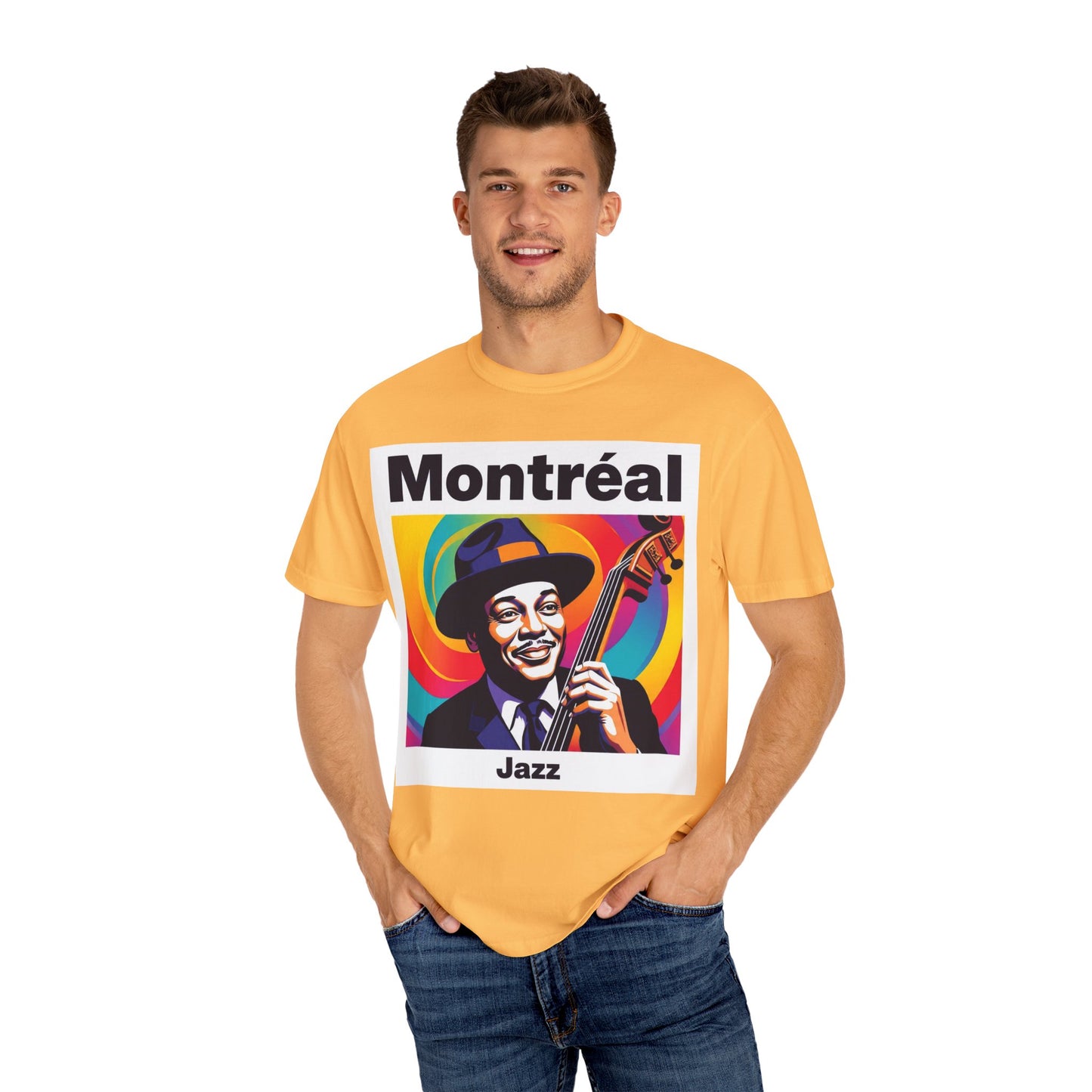 Vibrant Jazz T-Shirt with Montréal Design | Unisex Garment-Dyed Tee for Music Lovers, Concerts, Festivals, Gift Idea, Casual Wear