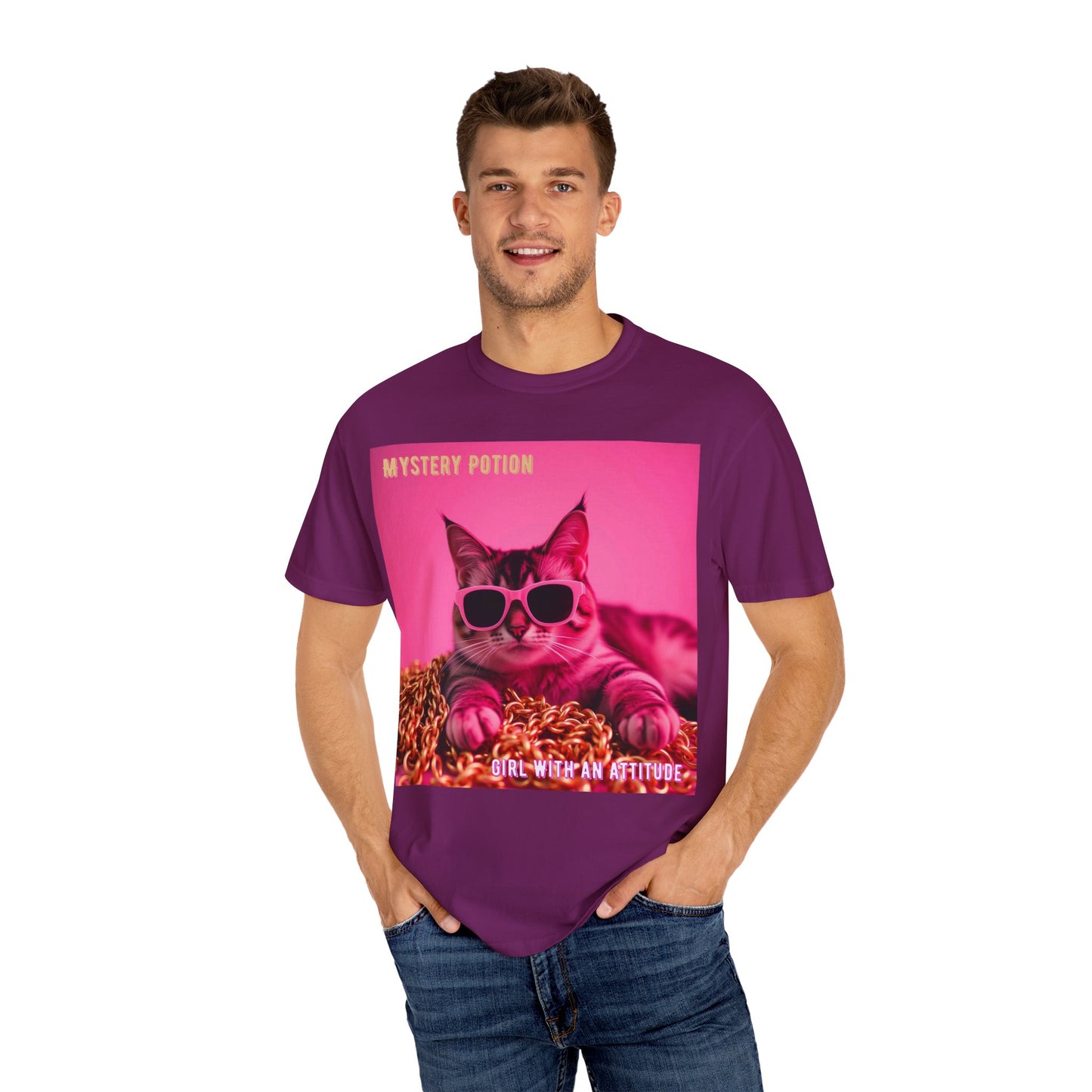 'Girl With An Attitude' by Mystery Potion, Cool Cat T-shirt, Fun Cat Tee, Gift for Cat Lovers, Casual Wear, Unique Fashion Statement, Attitude T-shirt