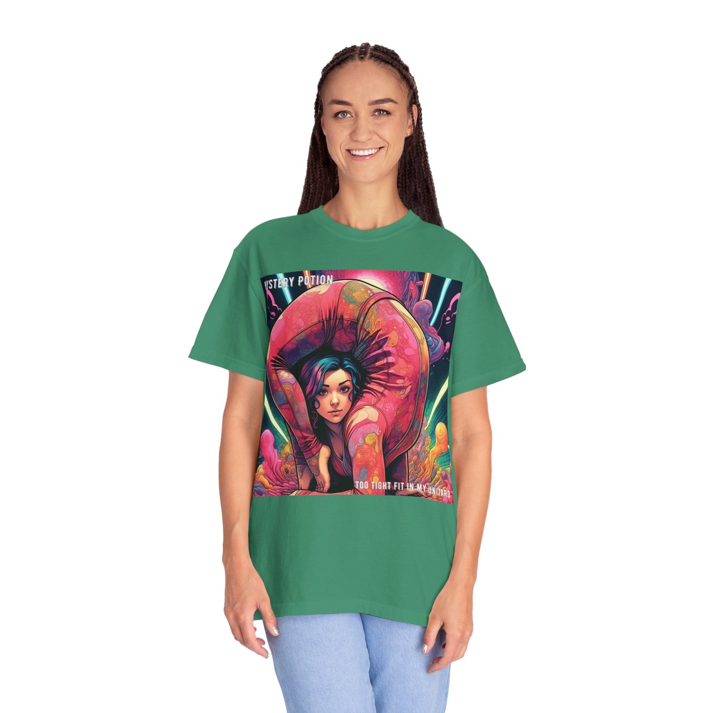 Mystery Potion Extreme Yoga Pose Unisex Garment-Dyed T-shirt, Artistic Tee, Vibrant Graphic Shirt, Unique Gift, Festival Wear, Comfortable Casual Top