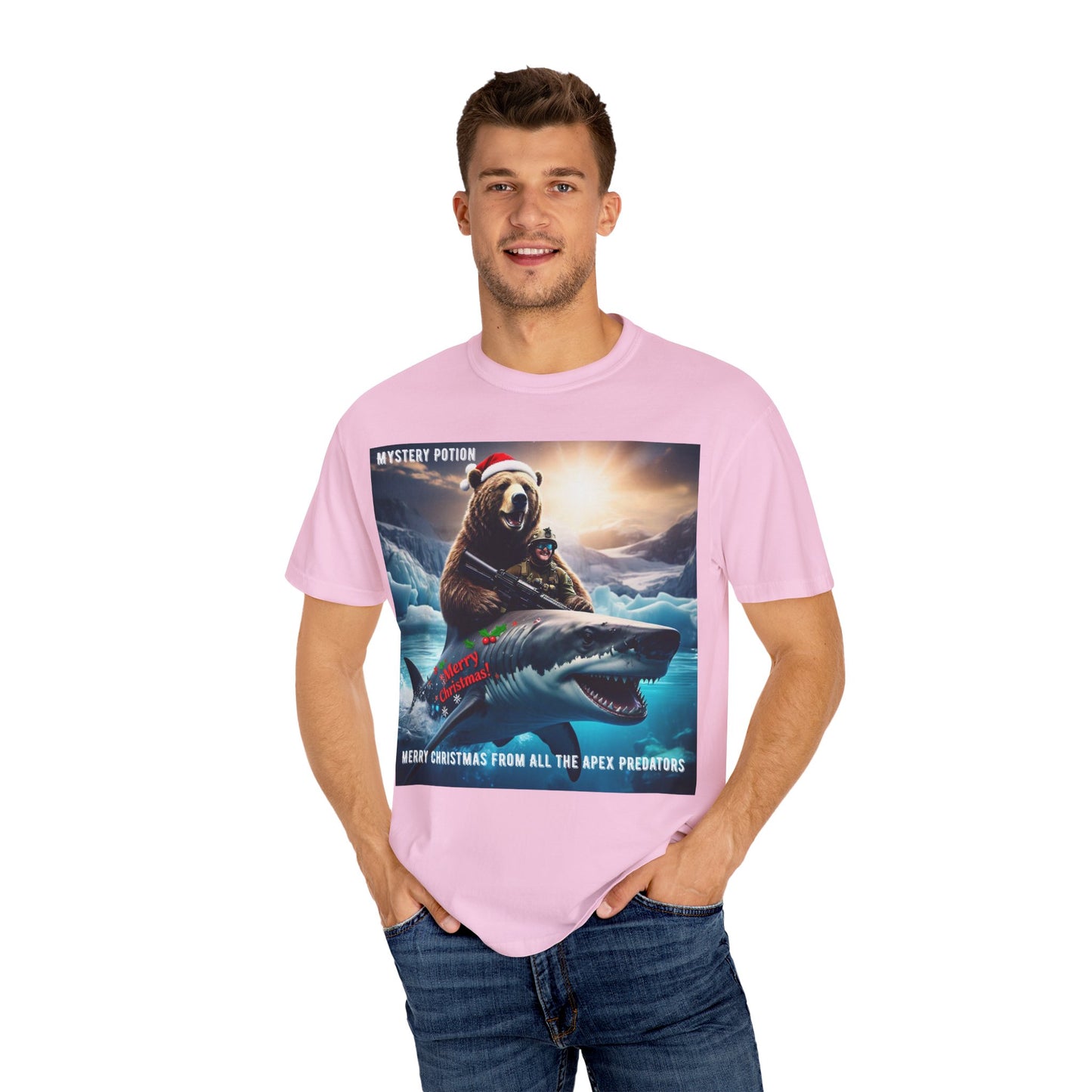 X-mas Humor T-Shirt "Merry Christmas from All the Apex Predators", Unisex Garment-Dyed Tee, Funny Holiday Shirt, Gift for Friends, Outdoor Adventure Wear, Novelty Apparel