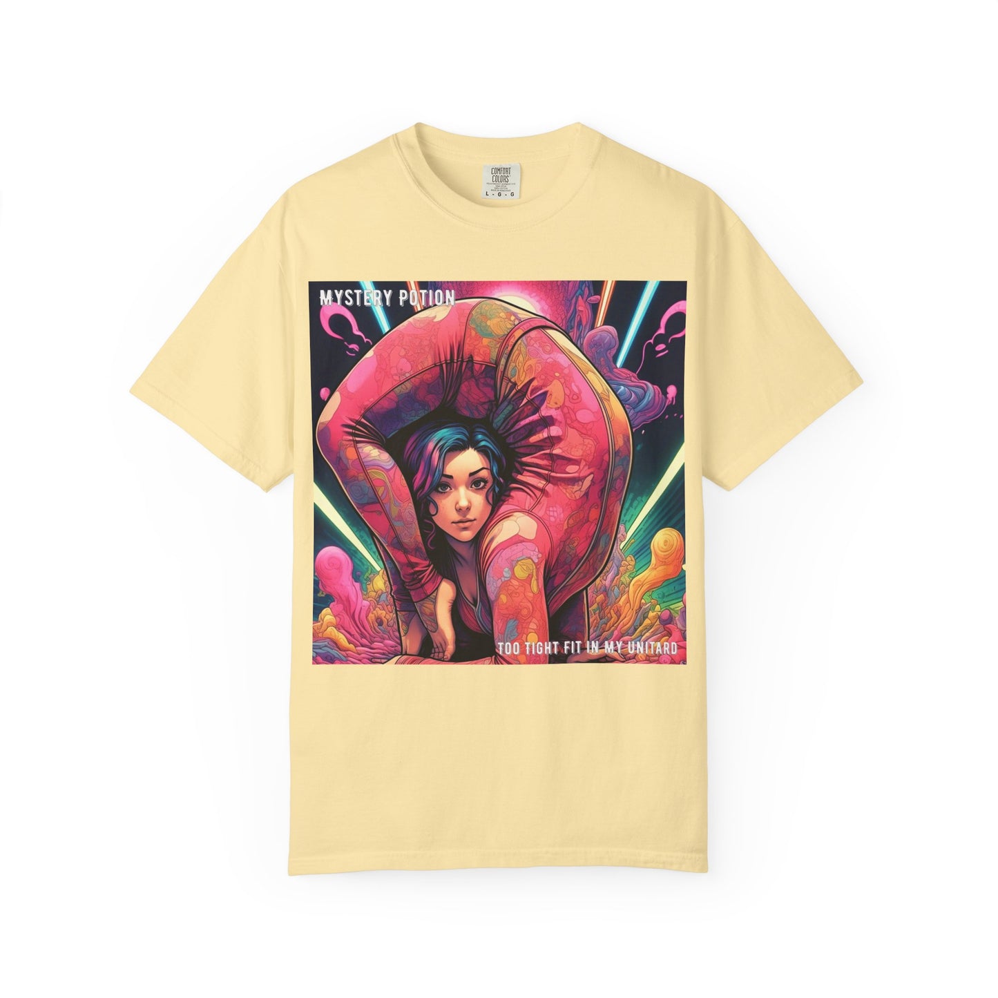 Mystery Potion Extreme Yoga Pose Unisex Garment-Dyed T-shirt, Artistic Tee, Vibrant Graphic Shirt, Unique Gift, Festival Wear, Comfortable Casual Top