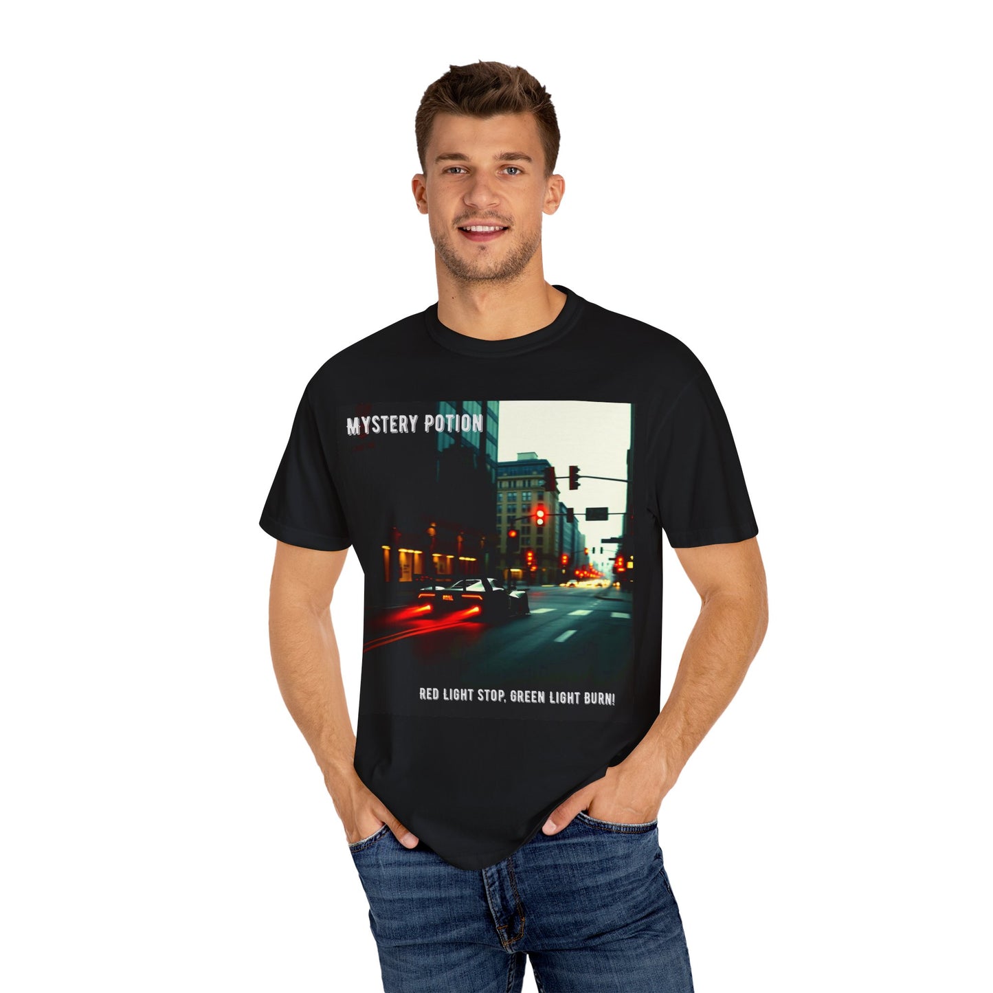 'Red Light Stop, Green Light Burn' by Mystery Potion Urban Vibe T-Shirt, Street Art T-Shirt, Fashion Tee, Gift for Art Lovers, Unisex Cotton Shirt, Unique Graphic Tee