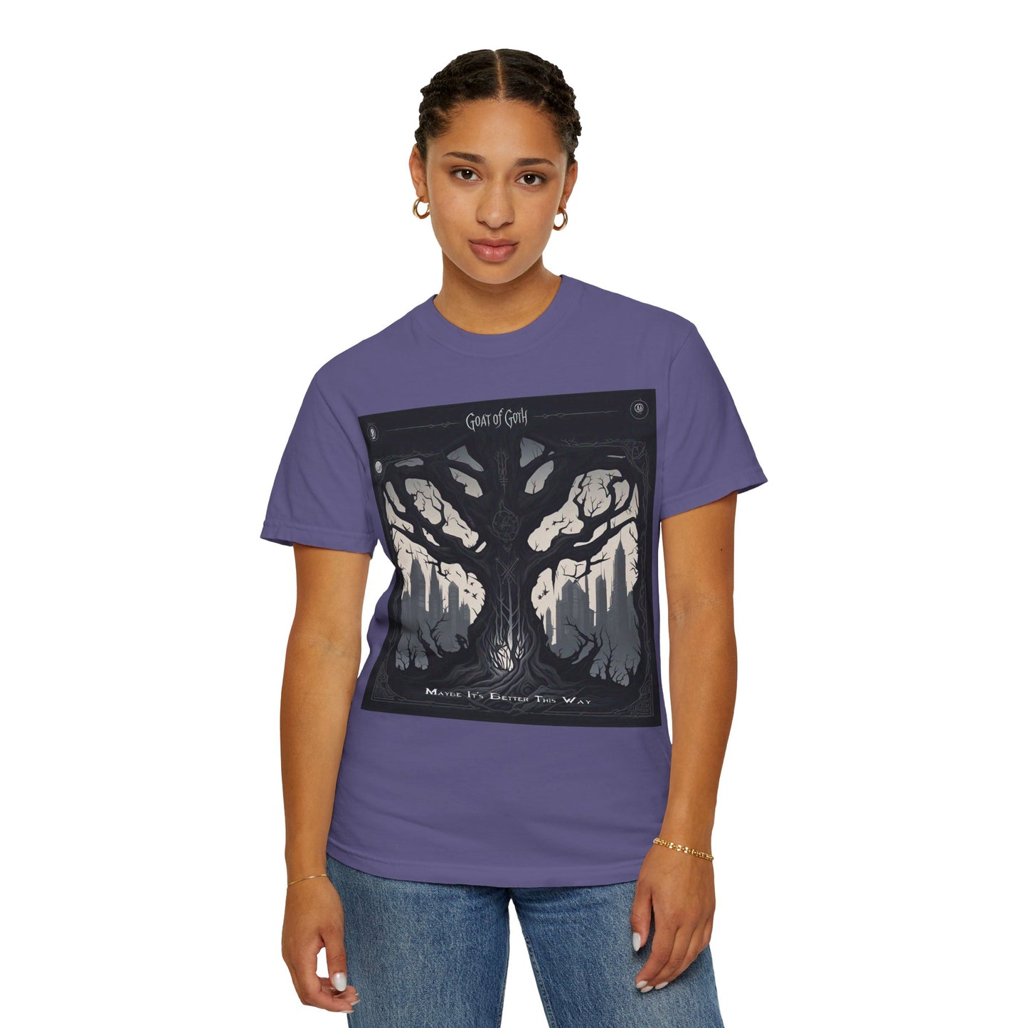 Gothic Tree T-Shirt, GOAT of Goth Unisex Cotton Tee for Nature Lovers, Unique Graphic Tee, Perfect for Festivals, Gift for Adventurers, Eco-Friendly Wear