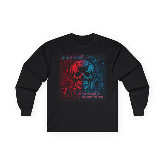 Mystery Potion's 'An Eye For An Eye, And A Tooth For A Tooth' Long Sleeve Tee: Red and Blue Skull Design