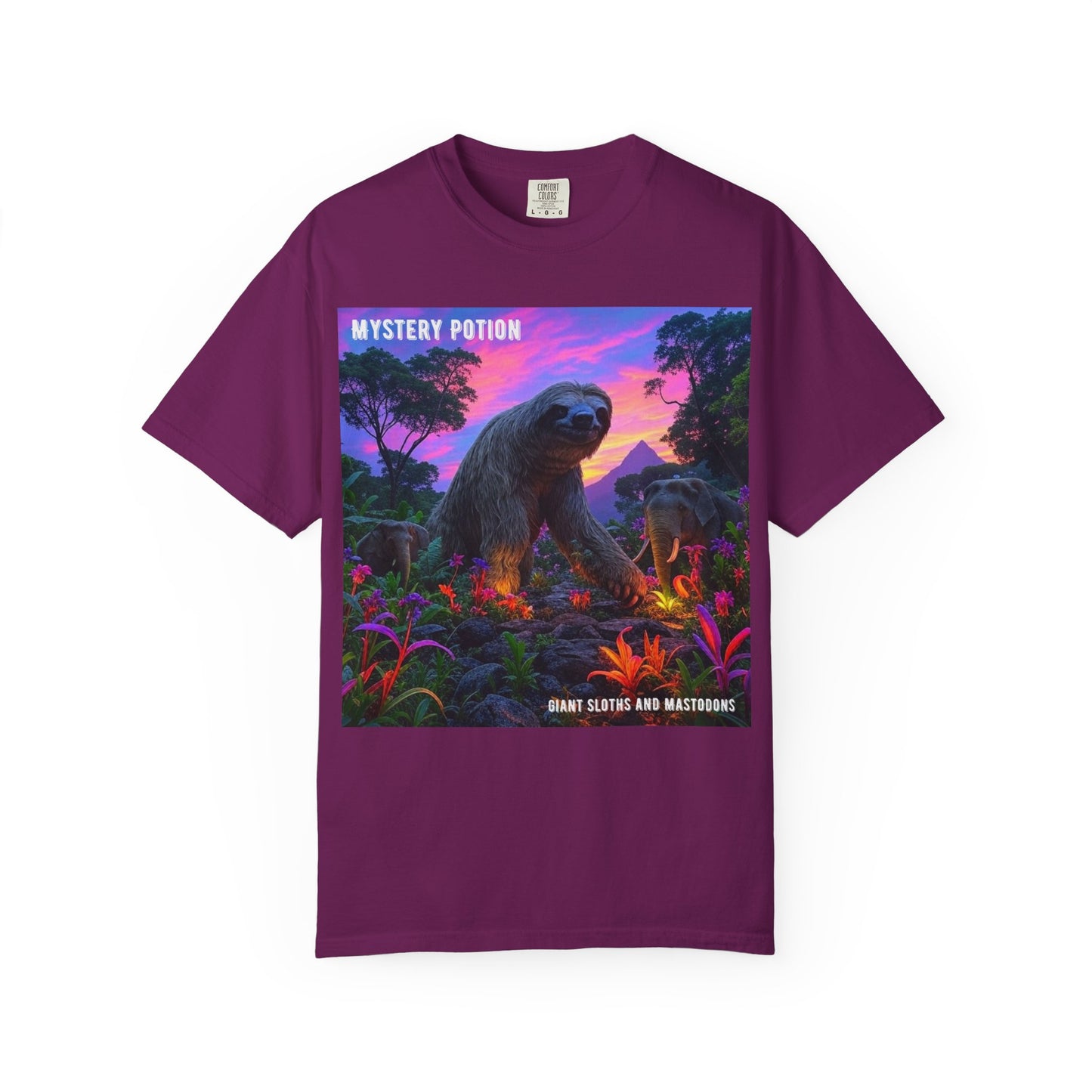 Mystery Potion's Giant Sloths and Mastodons Graphic T-Shirt | Unisex Garment-Dyed Tee for Nature Lovers, Unique Gift, Festival Wear, Prehistoric Design