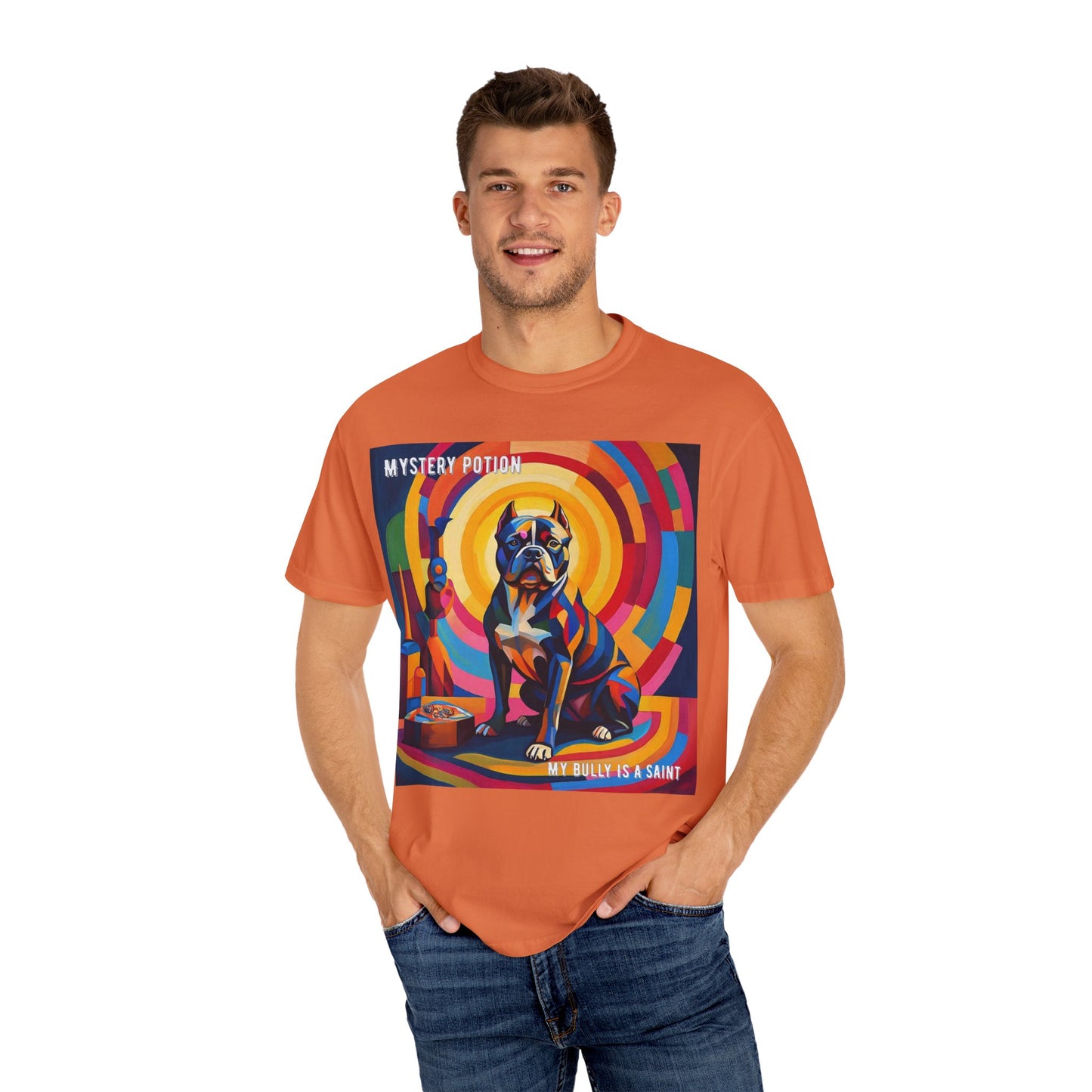 'My Bully Is A Saint' by Mystery Potion Colorful Dog Art T-shirt, Unisex Graphic Tee by Mystery Potion, Perfect for Pet Lovers, Comfy Casual Wear, Great Gift for Dog Lovers