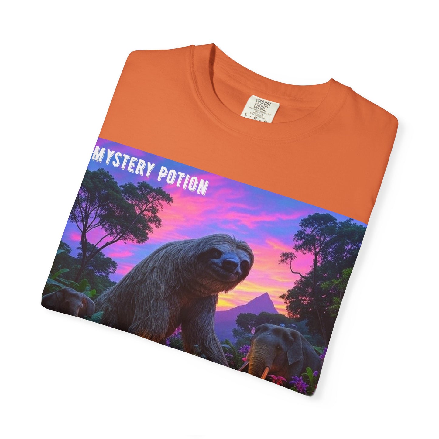 Mystery Potion's Giant Sloths and Mastodons Graphic T-Shirt | Unisex Garment-Dyed Tee for Nature Lovers, Unique Gift, Festival Wear, Prehistoric Design