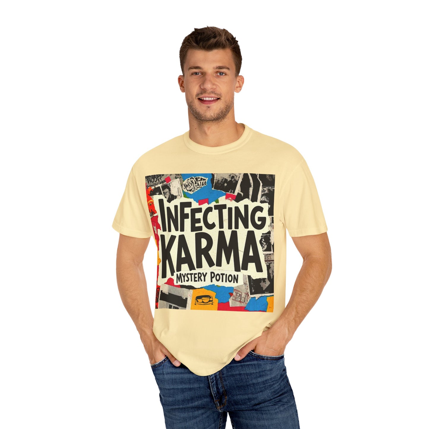 'Infecting Karma' by Mystery Potion,  Mystical Vibes T-shirt Design - Summer Casual Wear, Gift for Friends, Festival Apparel, Unique Statement Tee