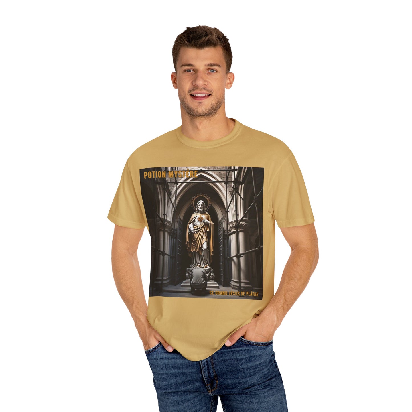 Mystical Potion Jesus Statue T-Shirt - Unisex, Relaxed Fit, Perfect for Festivals, Gifts, Everyday Wear, Unique Art Design