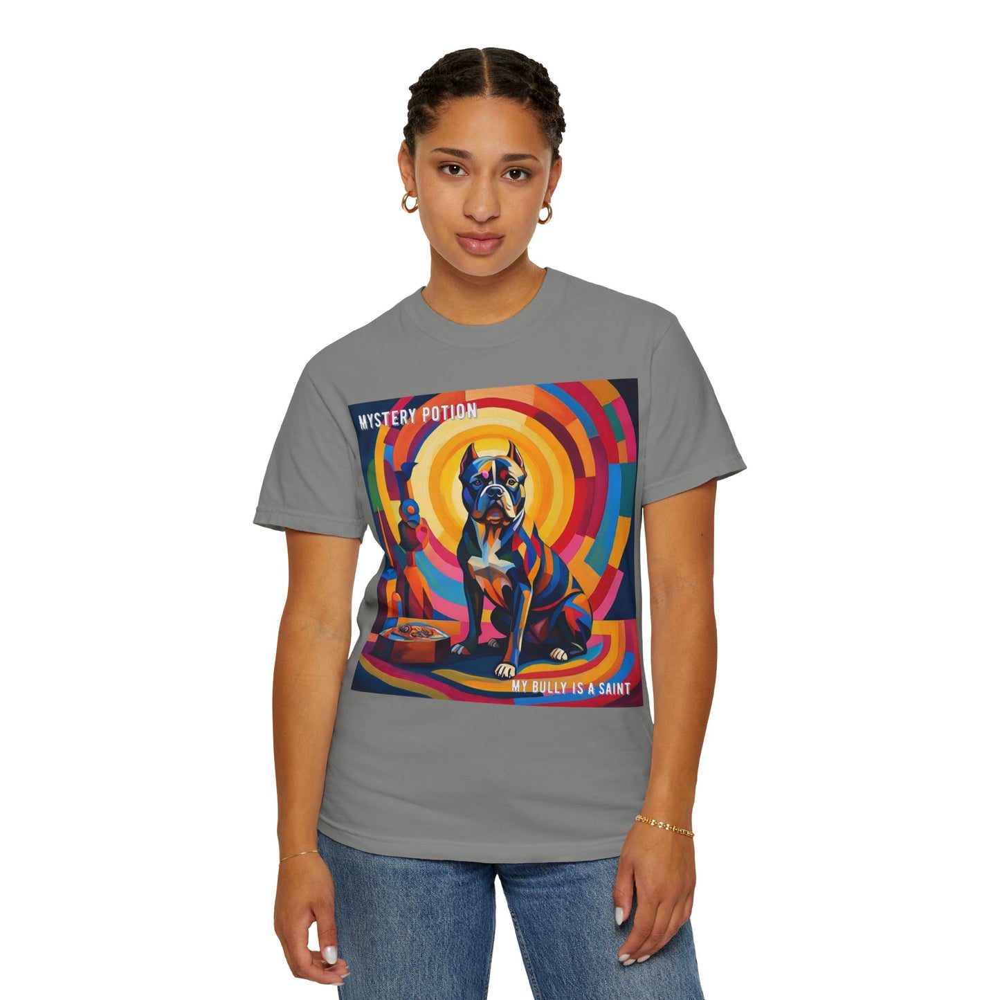 'My Bully Is A Saint' by Mystery Potion Colorful Dog Art T-shirt, Unisex Graphic Tee by Mystery Potion, Perfect for Pet Lovers, Comfy Casual Wear, Great Gift for Dog Lovers