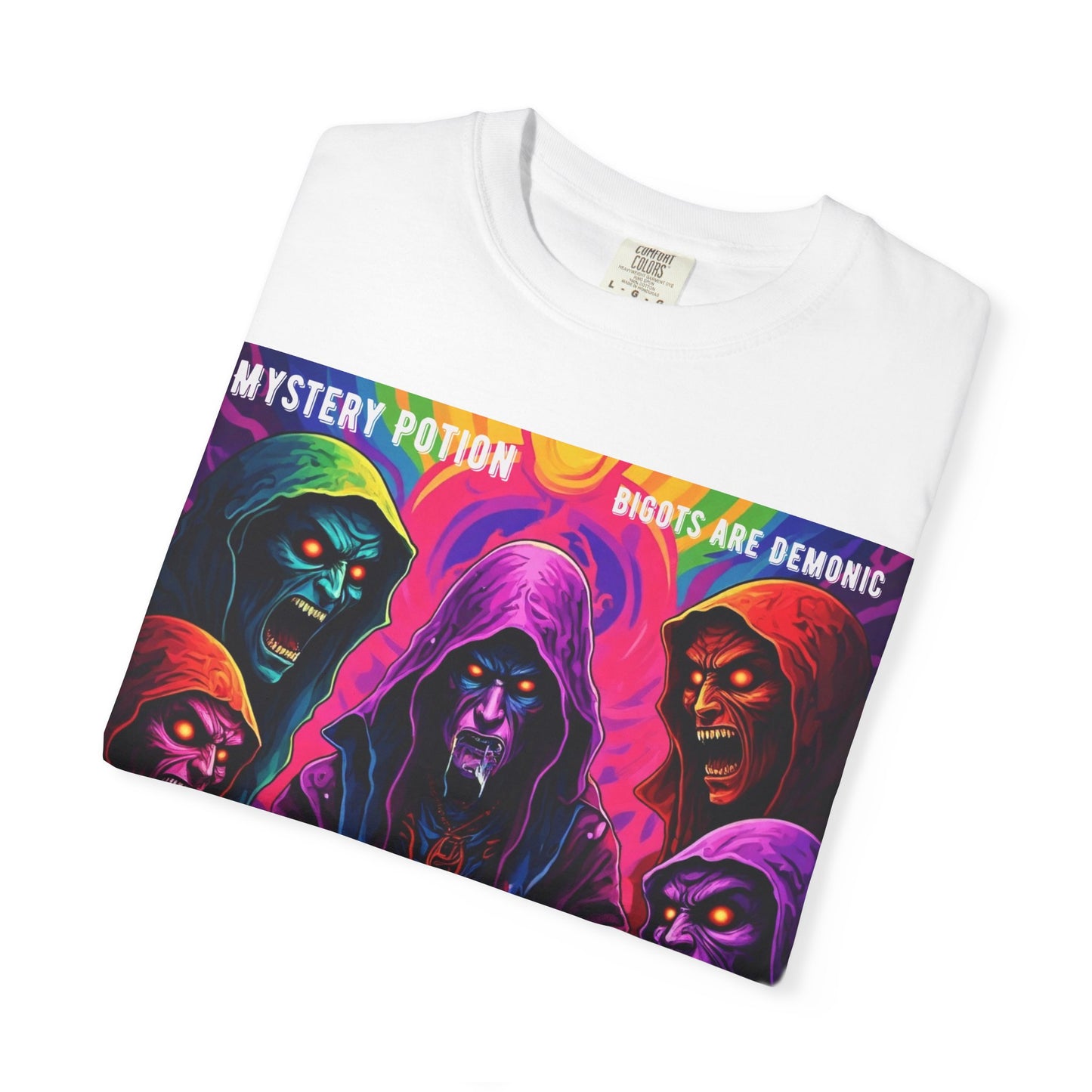 Mystery Potion Graphic Tee | Unisex Halloween T-shirt, Spooky Gift, "Bigots Are Demonic" Graphic Shirt, Witchy Apparel, Unique Casual Wear