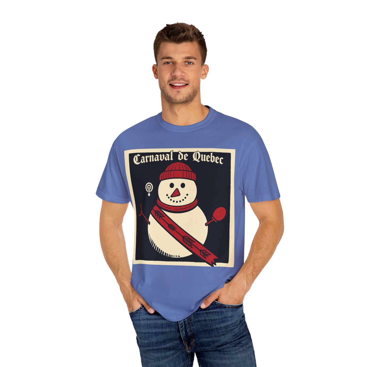 Quebec Carnaval Vintage Snowman Biker Lore Rocker T-Shirt, Cozy Winter Apparel, Unisex Snowman Graphic Tee, Festive Celebration Shirt, Winter Holiday Gift
