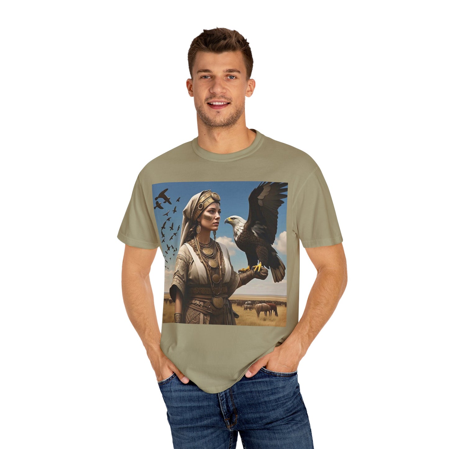 Empowered Eagle and Scythian Woman T-Shirt, Unisex Garment-Dyed Tee, Nature Lover Shirt, Gift for Bird Enthusiasts, Unique Graphic Tee