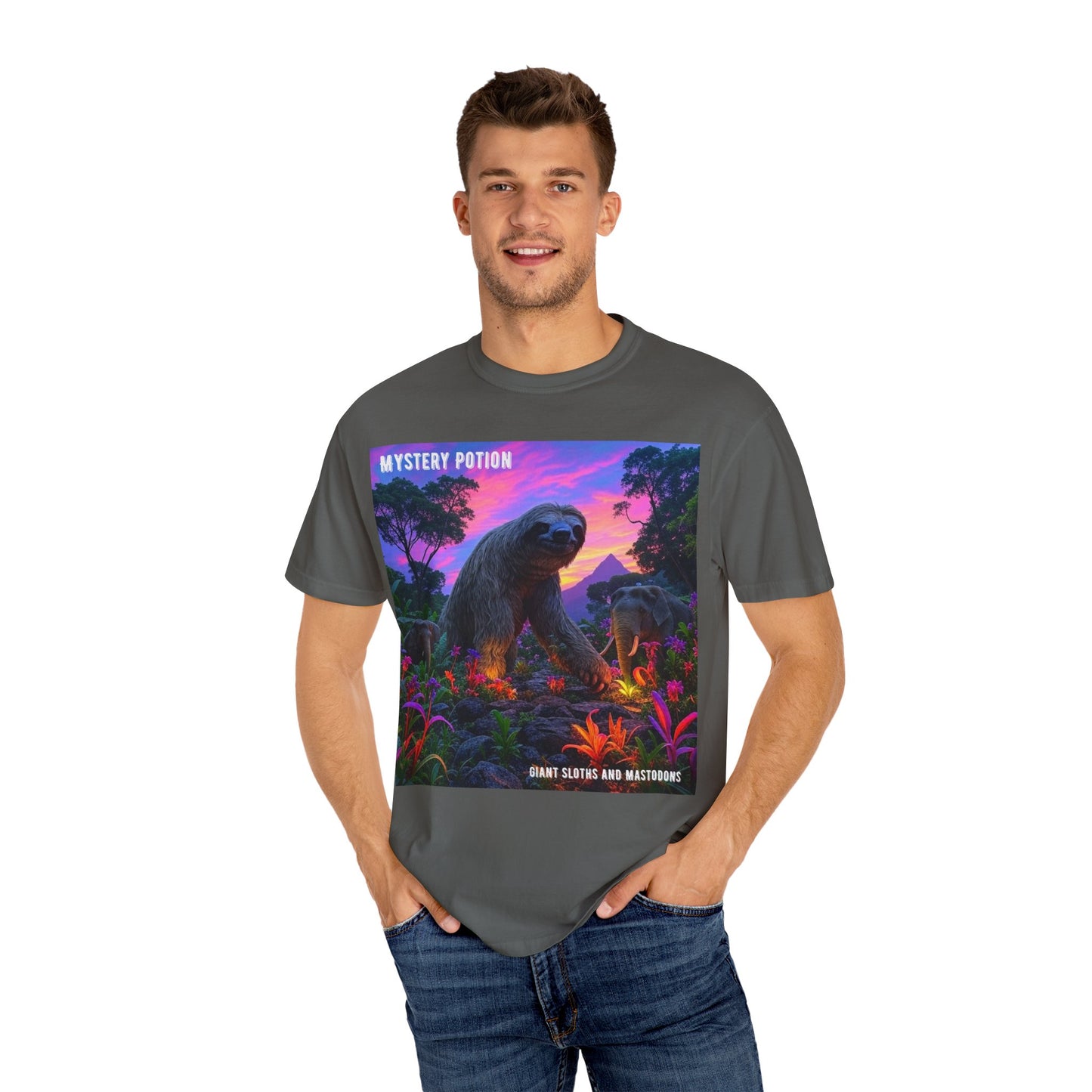 Mystery Potion's Giant Sloths and Mastodons Graphic T-Shirt | Unisex Garment-Dyed Tee for Nature Lovers, Unique Gift, Festival Wear, Prehistoric Design