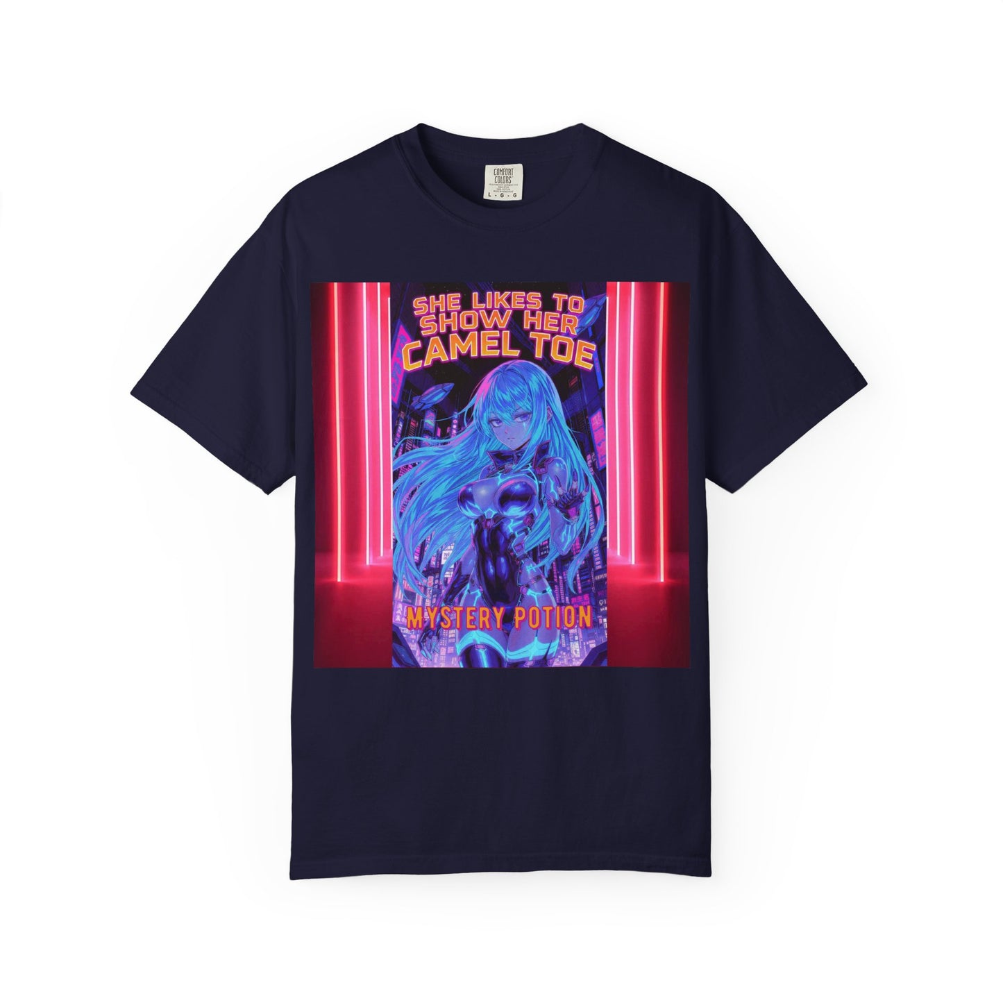 Anime Neon Tee — "She Likes to Show Her Camel Toe" Graphic T-Shirt