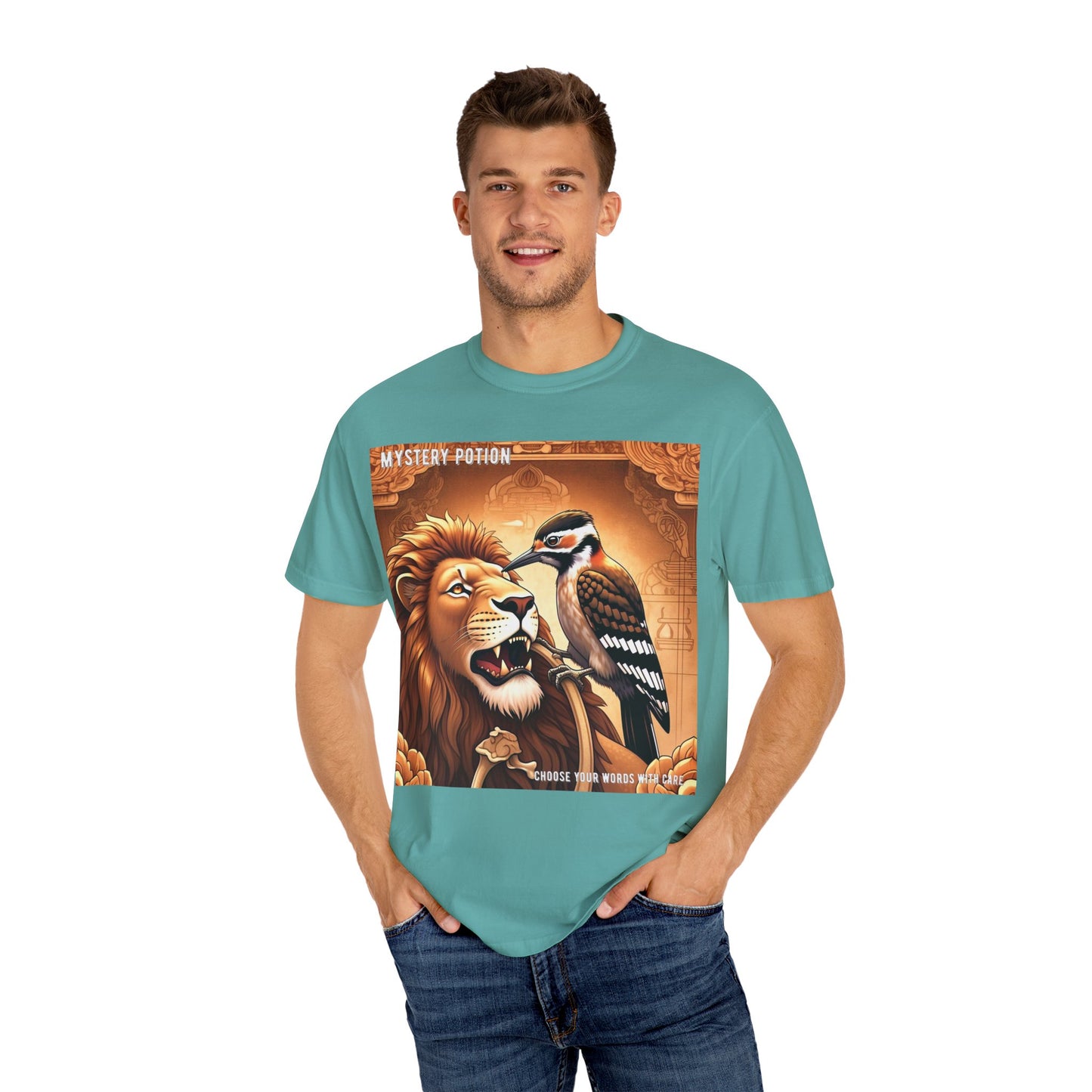 Mystical Lion & Bird T-Shirt | Unique Graphic Tee, Unisex Apparel, Gift for Nature Lovers, Bohemian Style, Festival Wear