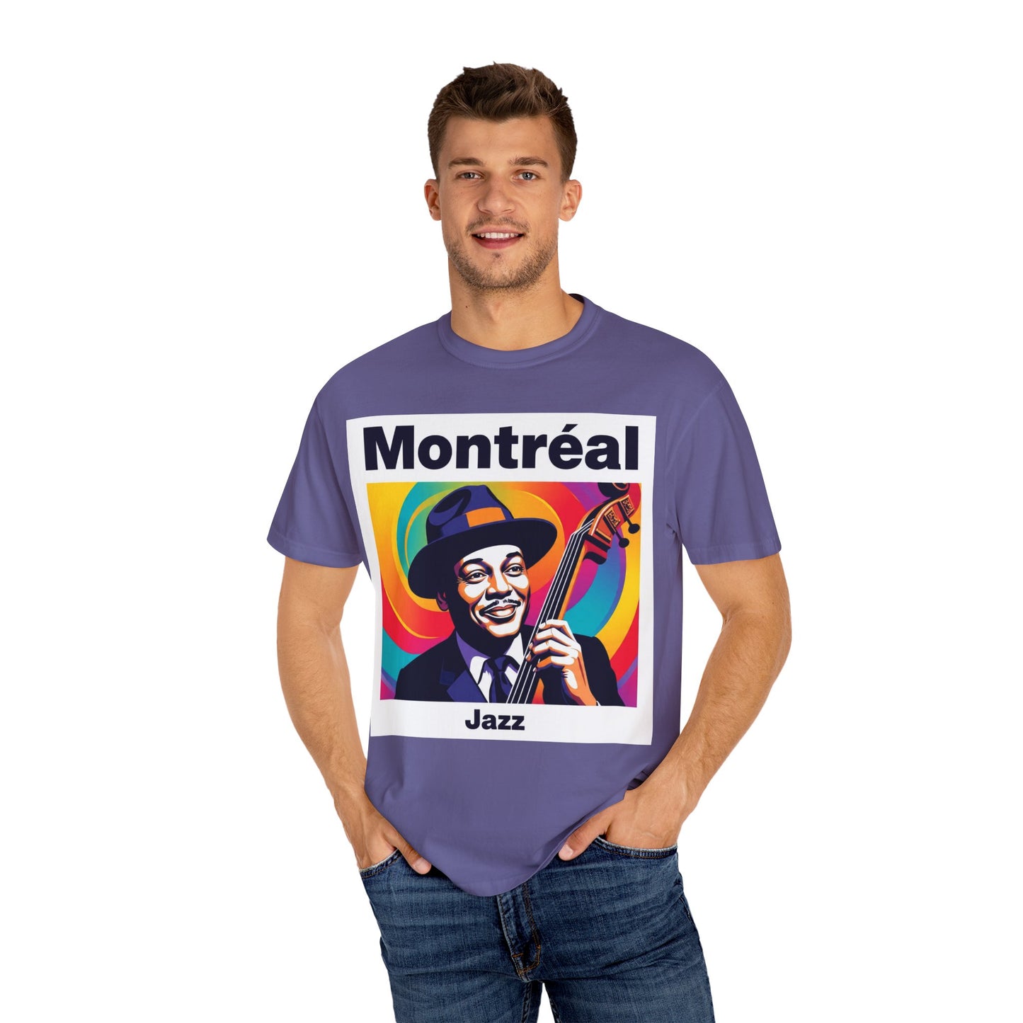 Vibrant Jazz T-Shirt with Montréal Design | Unisex Garment-Dyed Tee for Music Lovers, Concerts, Festivals, Gift Idea, Casual Wear