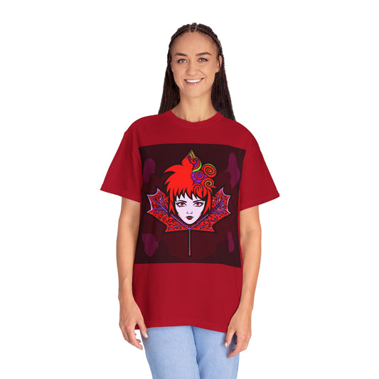 Emily The Maple Leaf Vibrant Art T-Shirt, Bohemian Graphic Tee, Unique Artwear, Gift for Art Lovers, Festival Clothing, Unisex Fashion, Canadian Patriots
