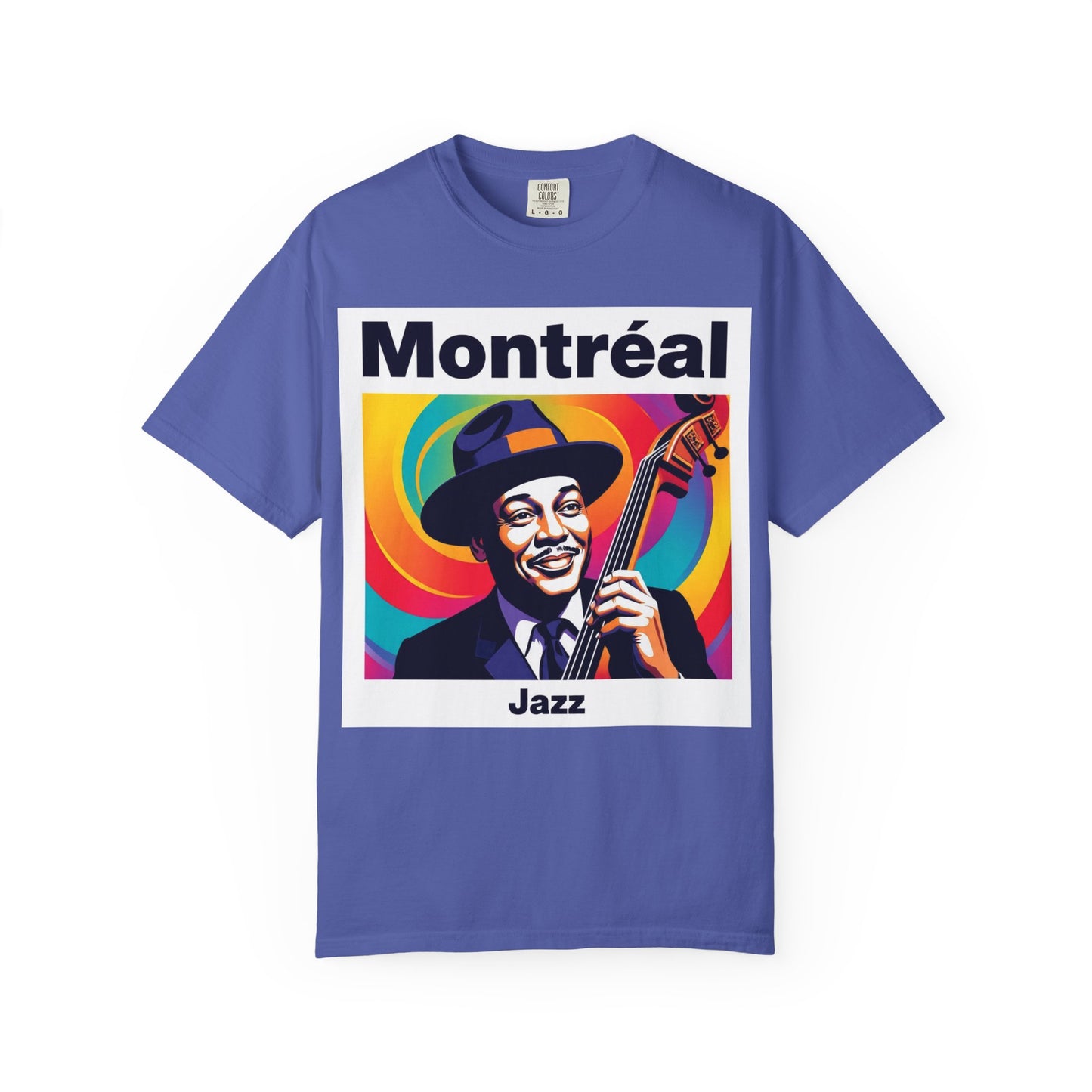 Vibrant Jazz T-Shirt with Montréal Design | Unisex Garment-Dyed Tee for Music Lovers, Concerts, Festivals, Gift Idea, Casual Wear