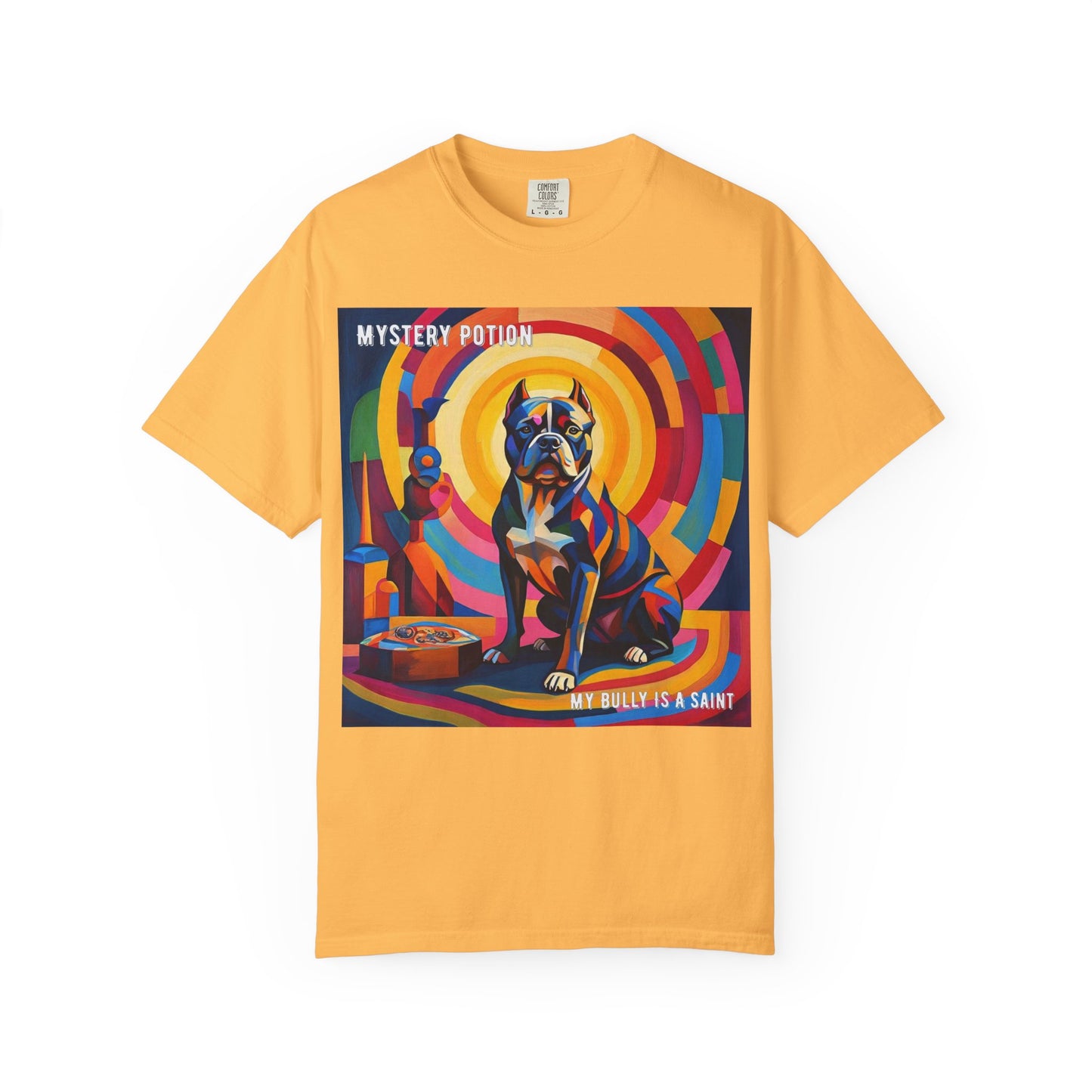 'My Bully Is A Saint' by Mystery Potion Colorful Dog Art T-shirt, Unisex Graphic Tee by Mystery Potion, Perfect for Pet Lovers, Comfy Casual Wear, Great Gift for Dog Lovers