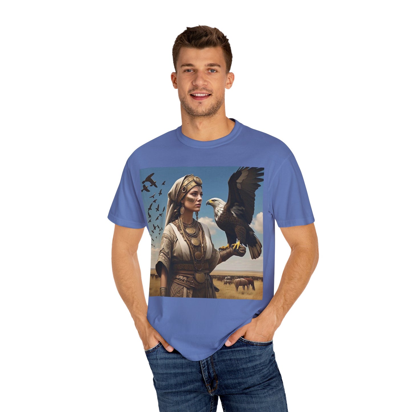 Empowered Eagle and Scythian Woman T-Shirt, Unisex Garment-Dyed Tee, Nature Lover Shirt, Gift for Bird Enthusiasts, Unique Graphic Tee