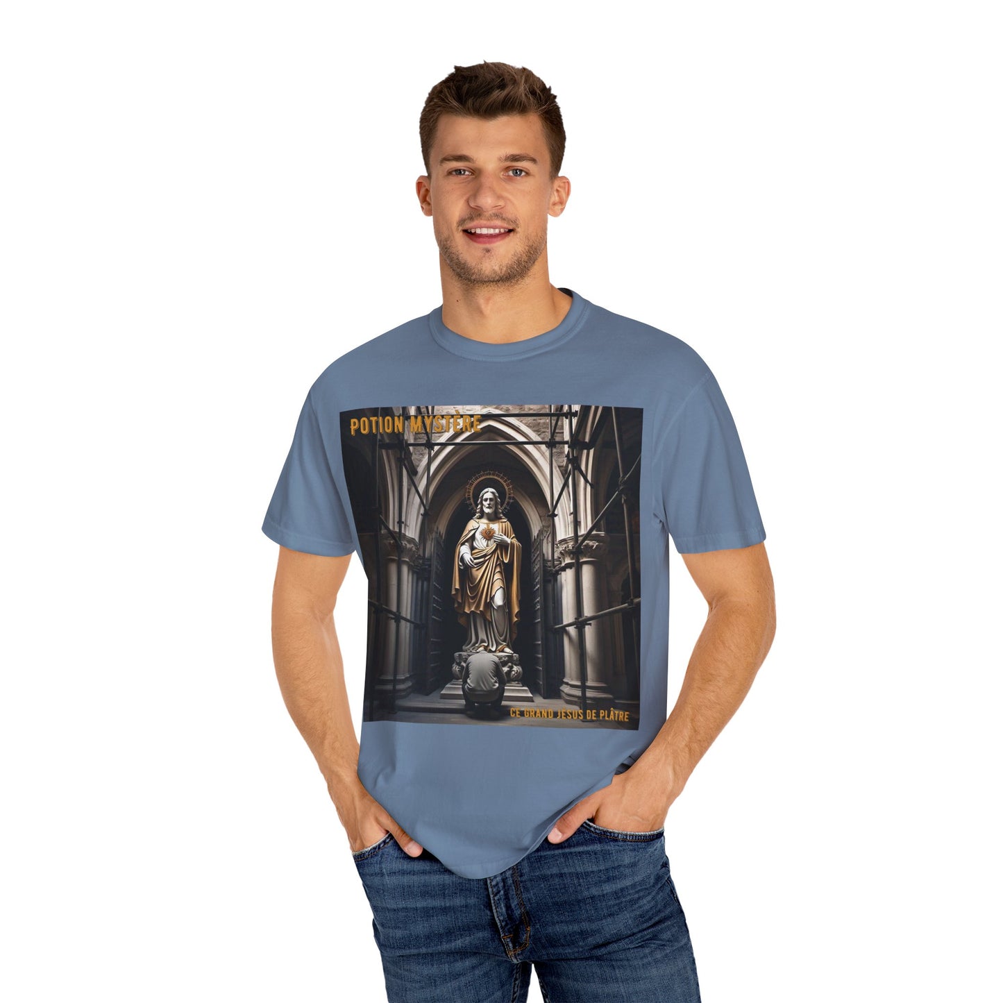 Mystical Potion Jesus Statue T-Shirt - Unisex, Relaxed Fit, Perfect for Festivals, Gifts, Everyday Wear, Unique Art Design