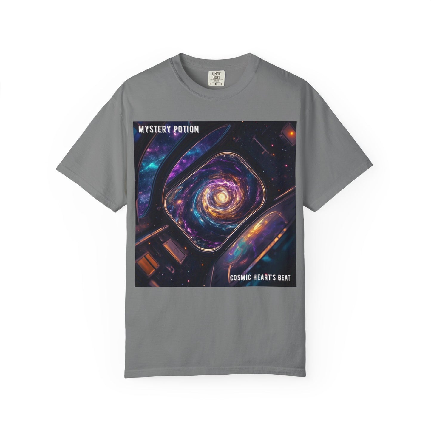 Cosmic Themed Mystery Potion Unisex Garment-Dyed T-shirt, Mystical Tee, Galaxy Shirt, Space Art Apparel, Unique Gift for Event Horizon Stargazers