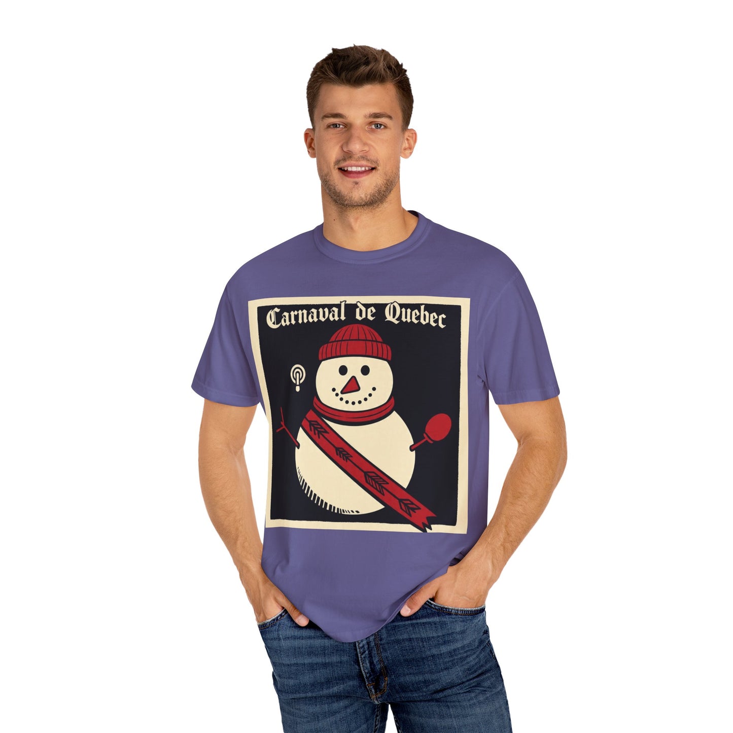 Quebec Carnaval Vintage Snowman Biker Lore Rocker T-Shirt, Cozy Winter Apparel, Unisex Snowman Graphic Tee, Festive Celebration Shirt, Winter Holiday Gift