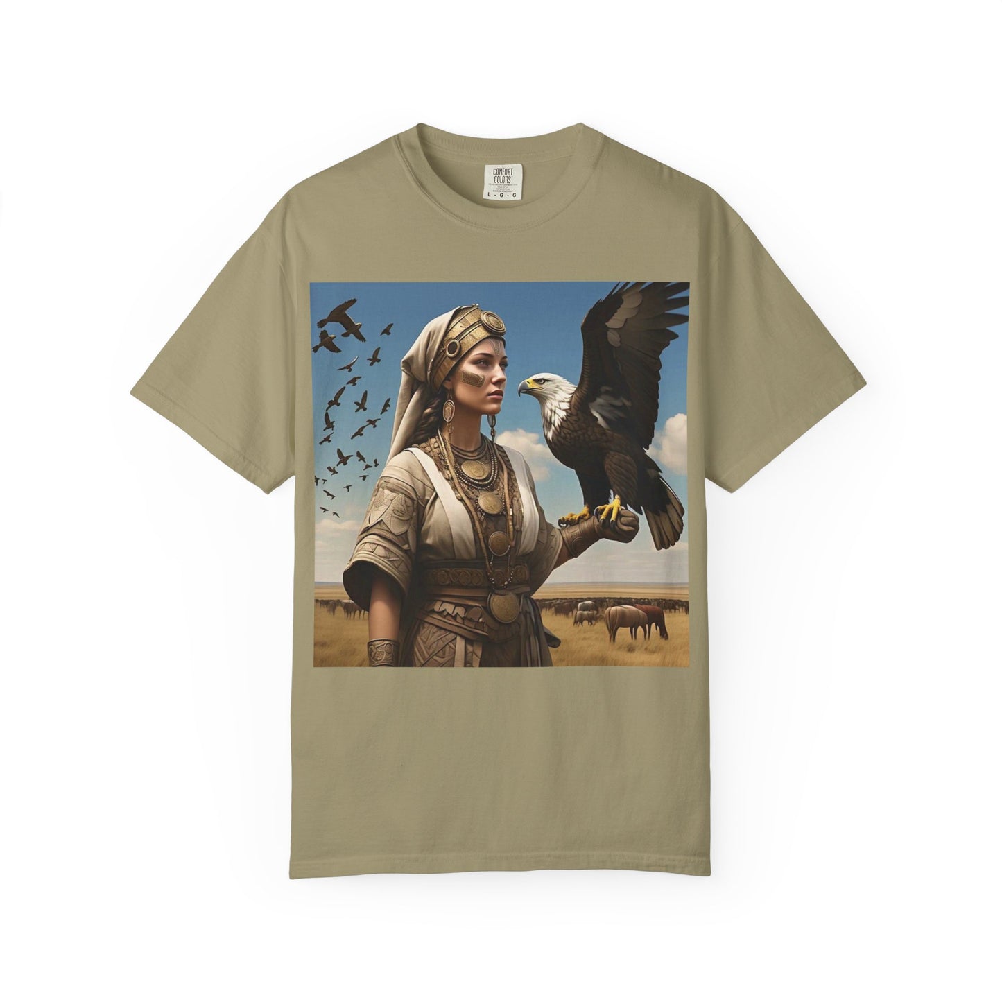 Empowered Eagle and Scythian Woman T-Shirt, Unisex Garment-Dyed Tee, Nature Lover Shirt, Gift for Bird Enthusiasts, Unique Graphic Tee