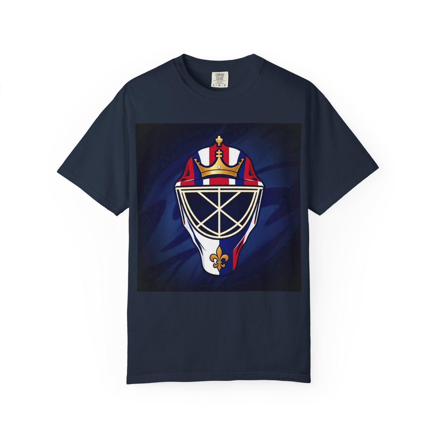 Regal Crown Goalie Mask Graphic T-shirt, Unisex Fashion Tee, Red, White and Blue Casual Wear, Gift for Her/Him, Summer Style, Graphic Apparel, Streetwear
