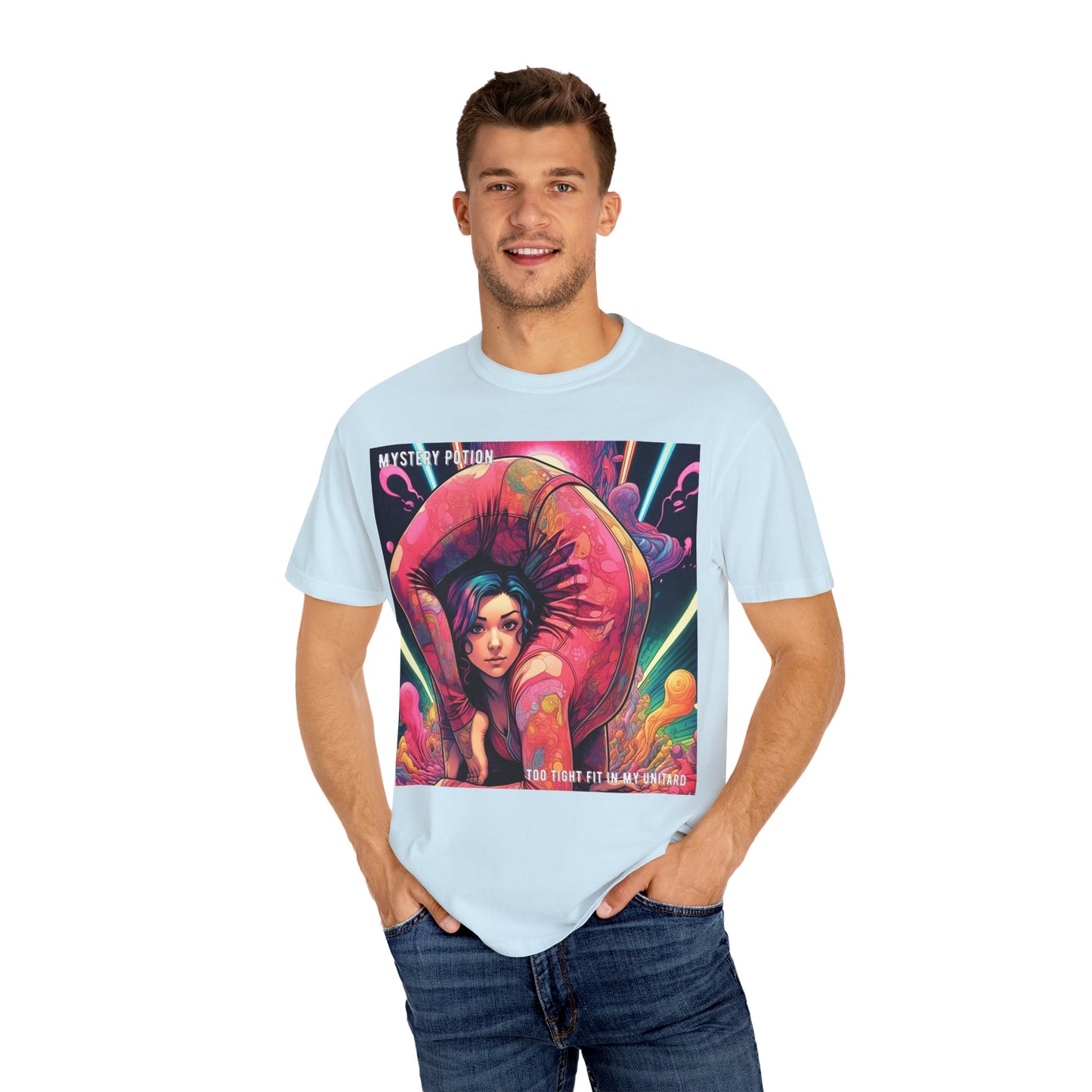 Mystery Potion Extreme Yoga Pose Unisex Garment-Dyed T-shirt, Artistic Tee, Vibrant Graphic Shirt, Unique Gift, Festival Wear, Comfortable Casual Top