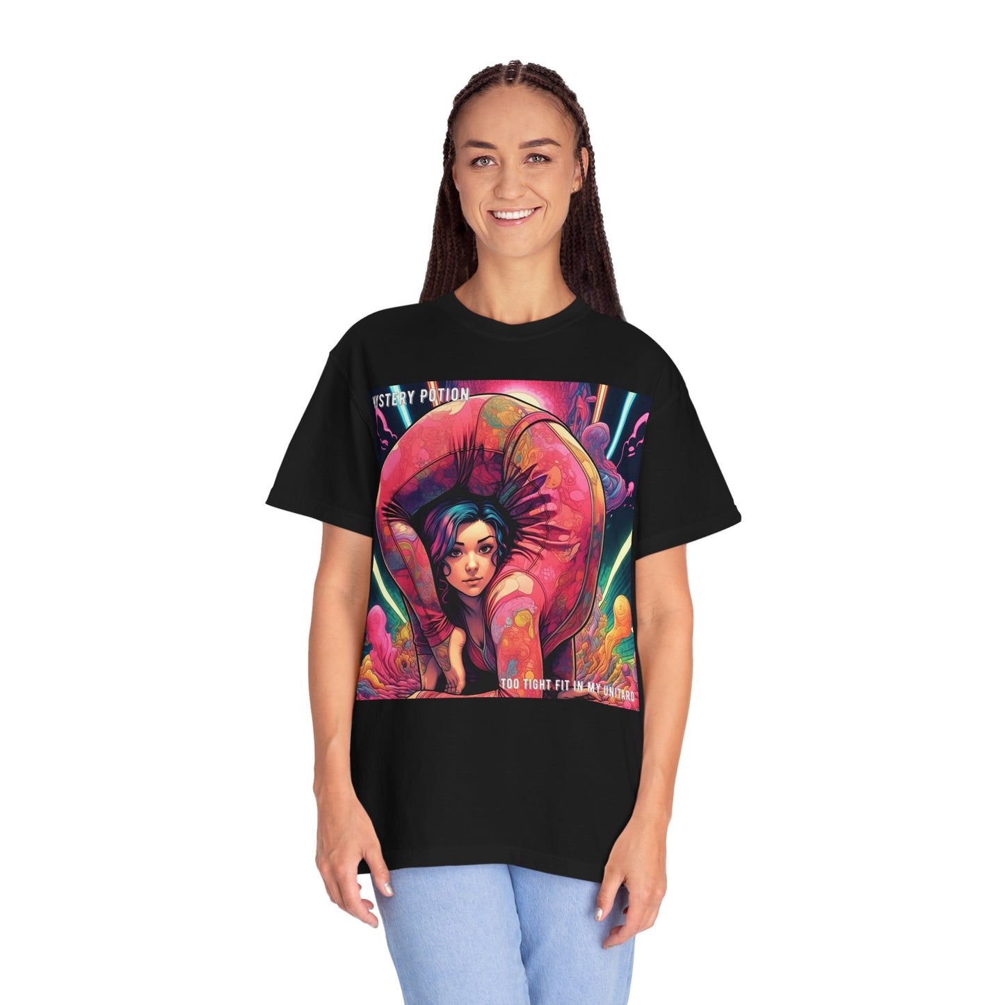 Mystery Potion Extreme Yoga Pose Unisex Garment-Dyed T-shirt, Artistic Tee, Vibrant Graphic Shirt, Unique Gift, Festival Wear, Comfortable Casual Top