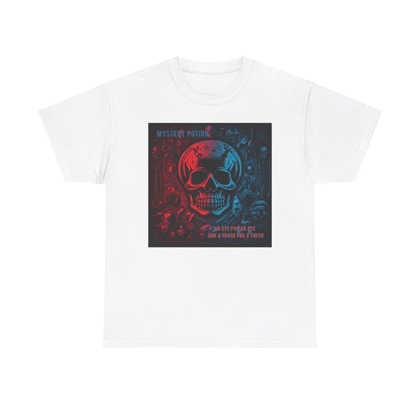 An Eye For An Eye And A Tooth For A Tooth by Mystery Potion, Stylish Skull Graphic Tee - Perfect for Halloween, Casual Wear, Music Festivals, Unique Gift, Unisex Heavy Cotton Shirt
