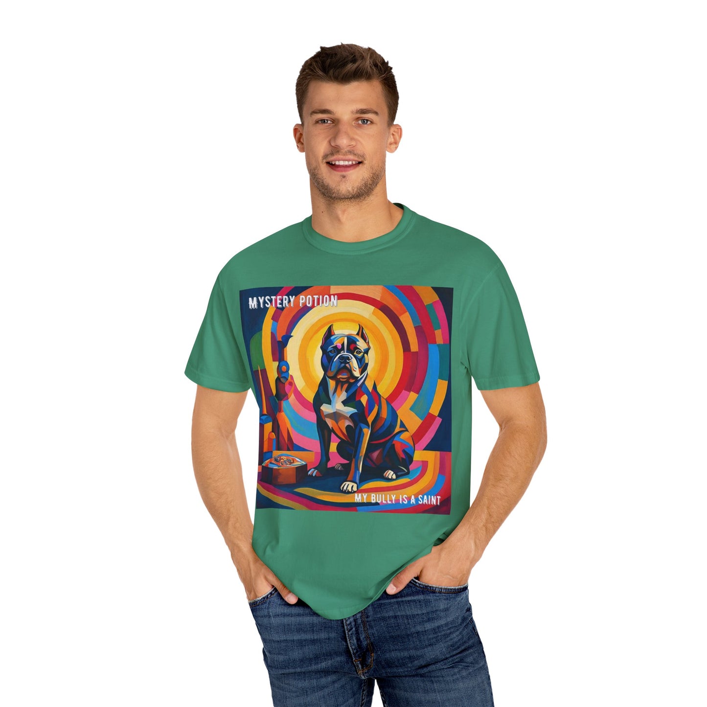 'My Bully Is A Saint' by Mystery Potion Colorful Dog Art T-shirt, Unisex Graphic Tee by Mystery Potion, Perfect for Pet Lovers, Comfy Casual Wear, Great Gift for Dog Lovers