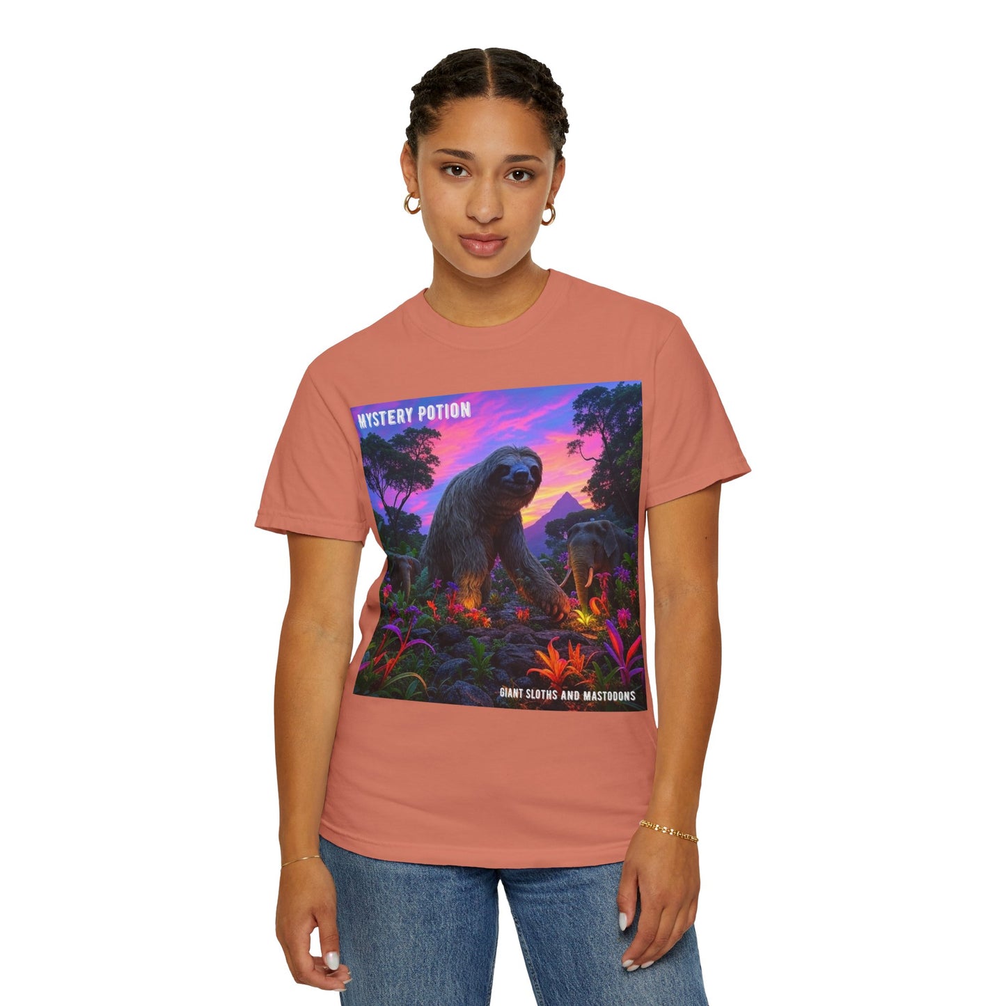 Mystery Potion's Giant Sloths and Mastodons Graphic T-Shirt | Unisex Garment-Dyed Tee for Nature Lovers, Unique Gift, Festival Wear, Prehistoric Design